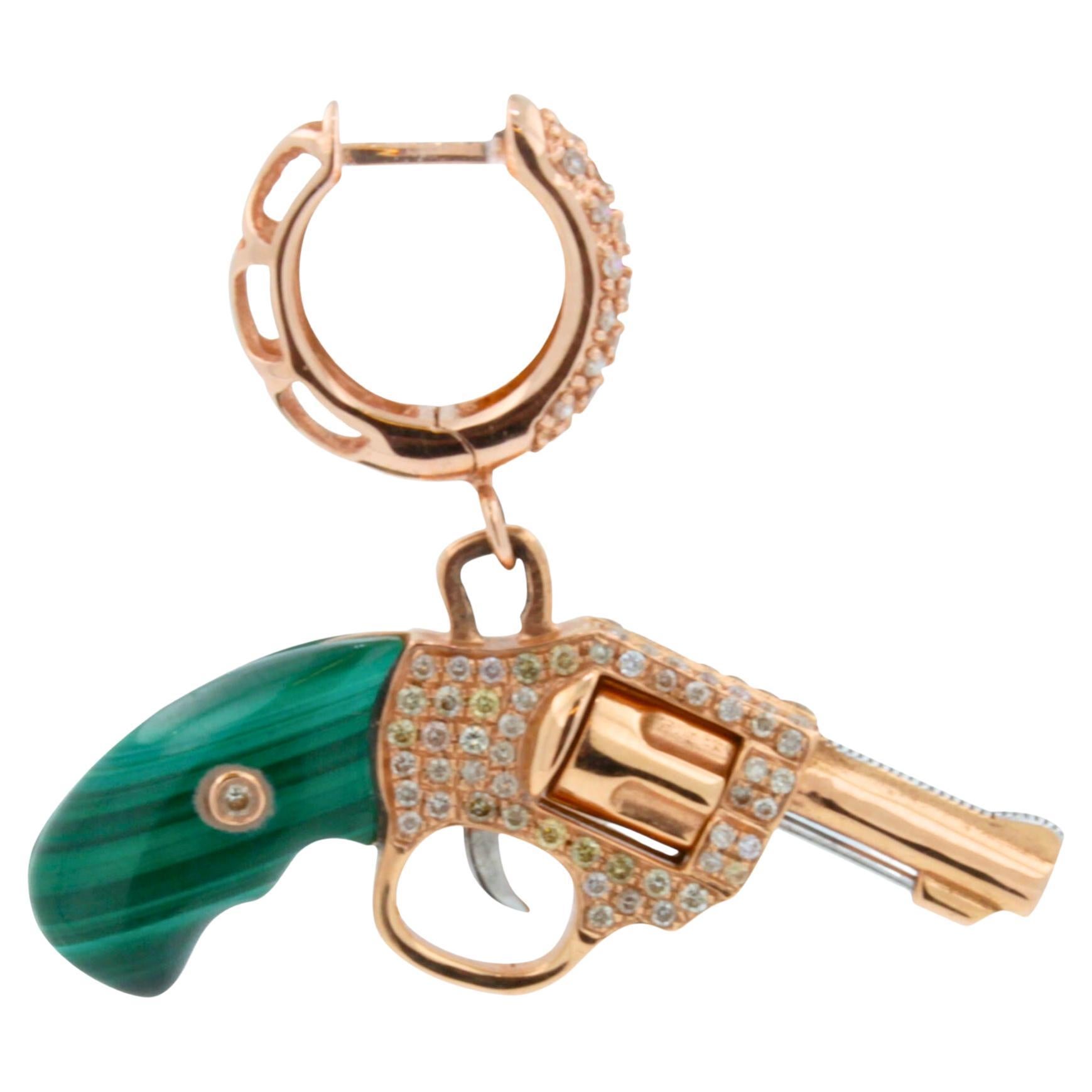 Diamond Green Malachite Gun Revolver 18 Karat Rose Gold Huggie Pave Drop Earring For Sale