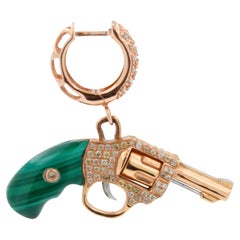 Used Diamond Green Malachite Gun Revolver 18 Karat Rose Gold Huggie Pave Drop Earring