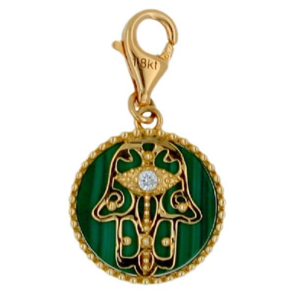 Diamond Green Malachite Hamsa Hand Palm Celestial Symbolic Gold Medallion Charm