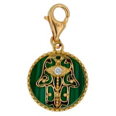 Diamond Green Malachite Hamsa Hand Palm Celestial Symbolic Gold Medallion Charm
