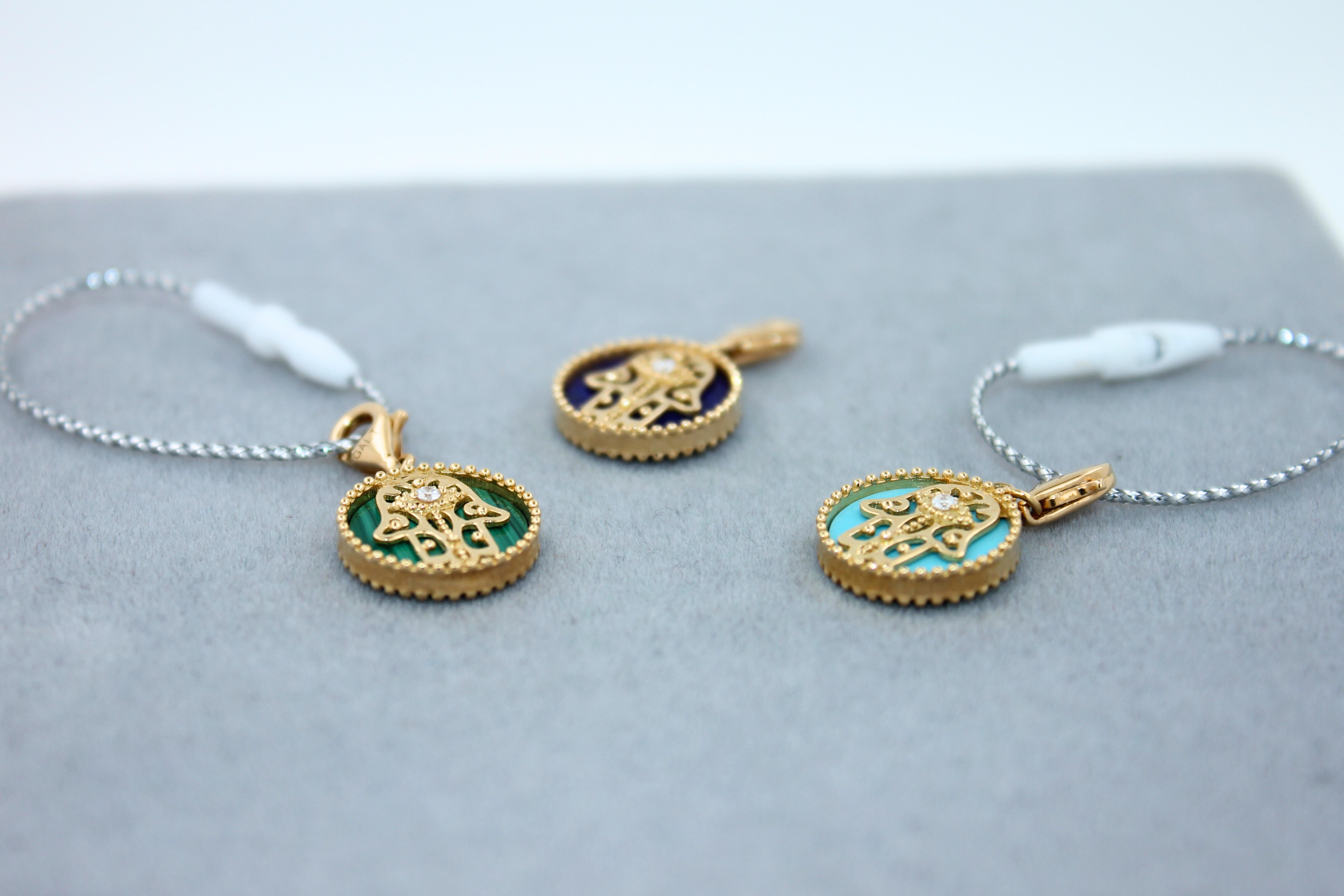 Women's or Men's Diamond Green Malachite Hamsa Hand Palm Celestial Symbolic Gold Medallion Charm