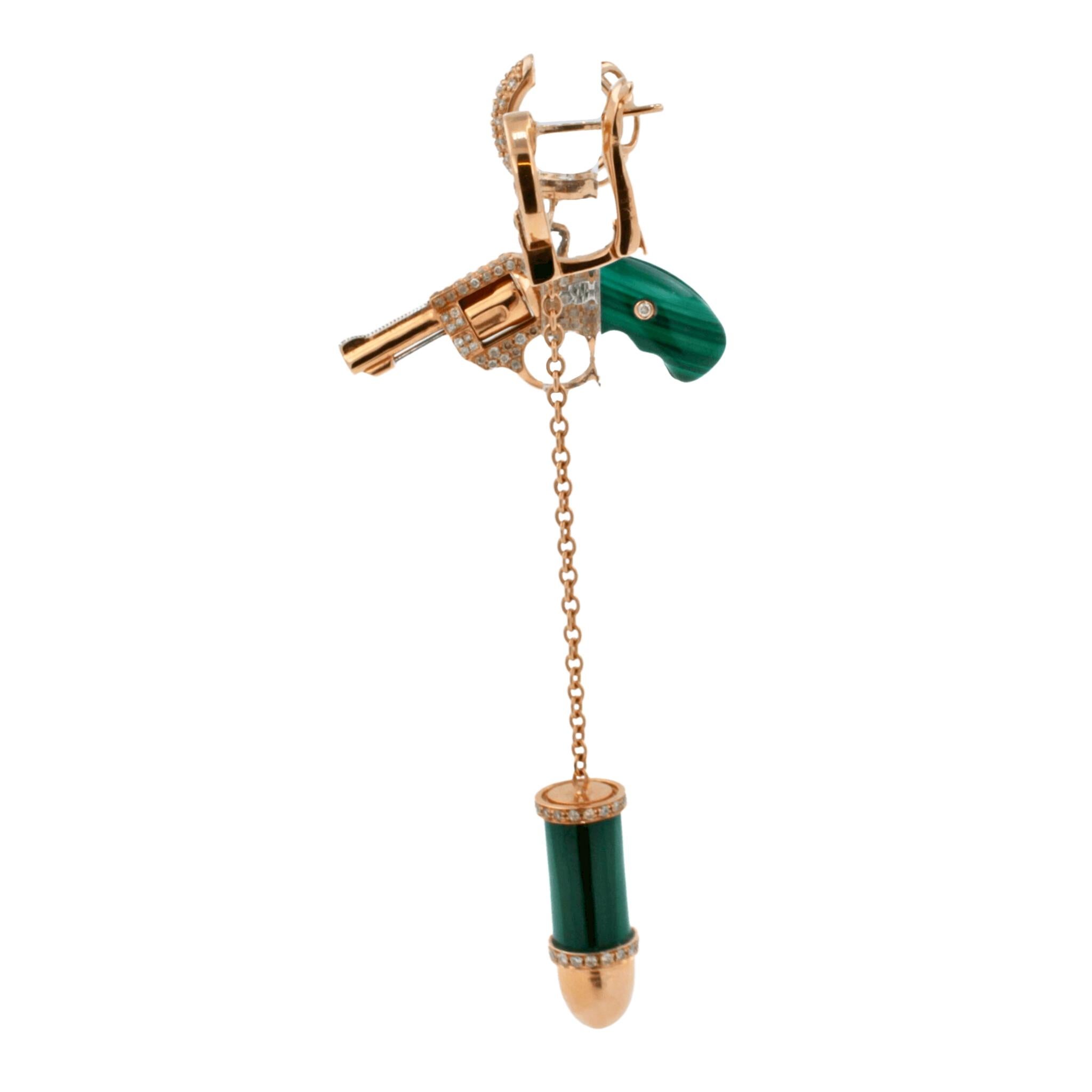 Diamond Green Malachite Pave Bullet 18 Karat Rose Gold Circle Drop Chain Earring
18K Rose Gold
0.75 cts Pave Diamonds 
One Single Bullet Earring