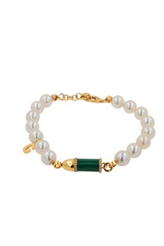 Diamond Green Malachite Pave Rocket Bullet Gold South Sea Pearl Chain Bracelet