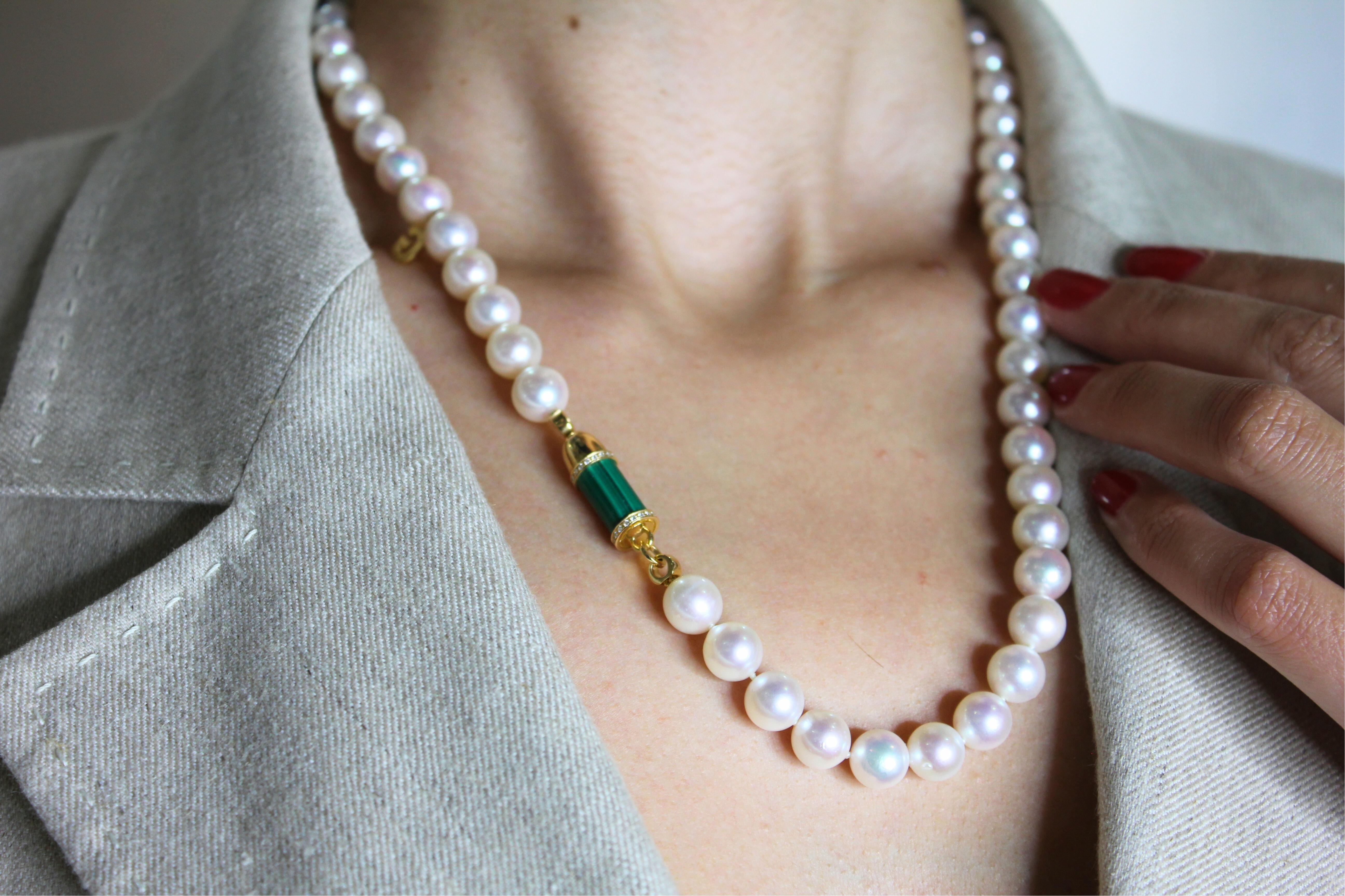 Diamond Green Malachite Pave Rocket Bullet Gold South Sea Pearl Chain Necklace For Sale 3