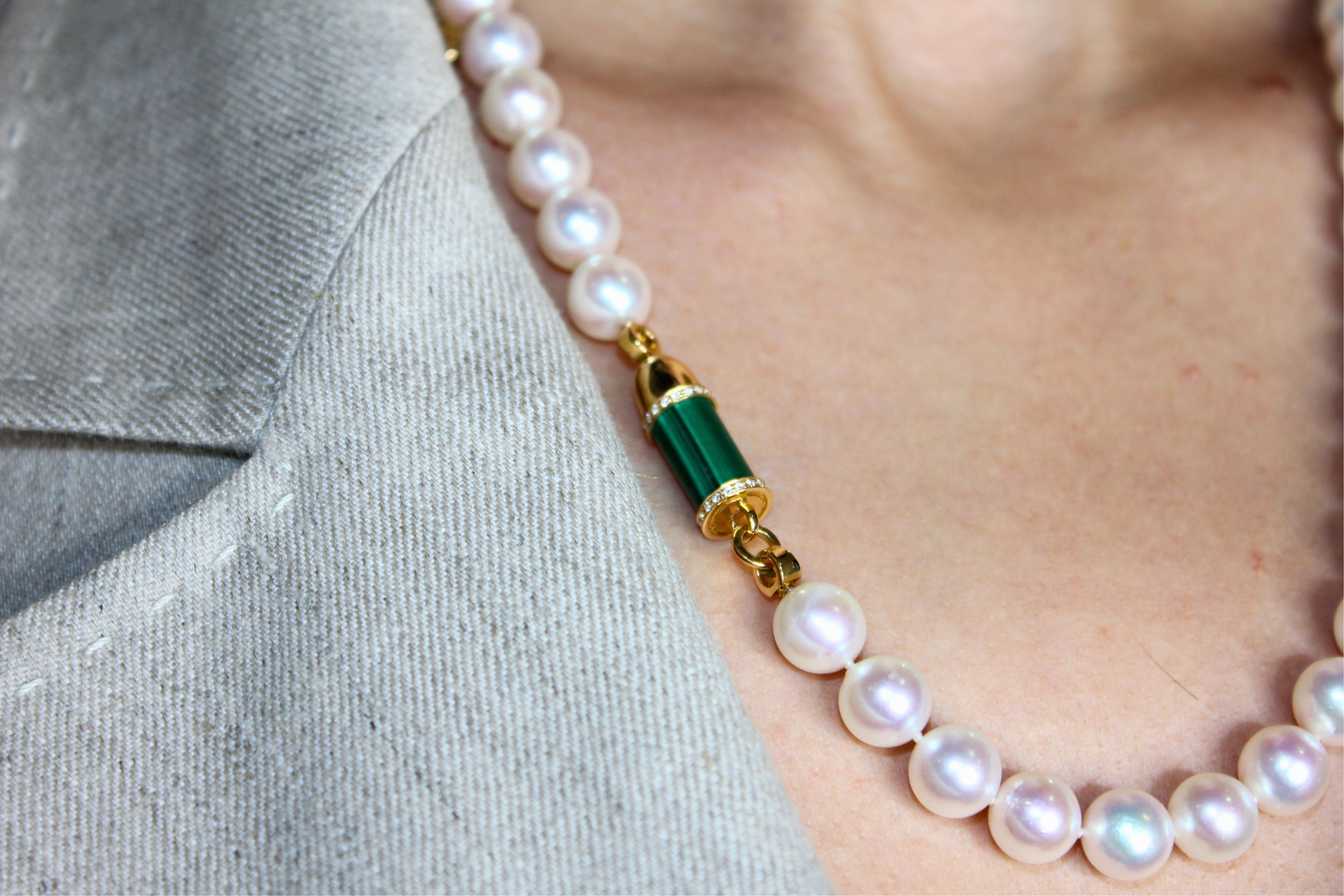 Diamond Green Malachite Pave Rocket Bullet Gold South Sea Pearl Chain Necklace For Sale 4