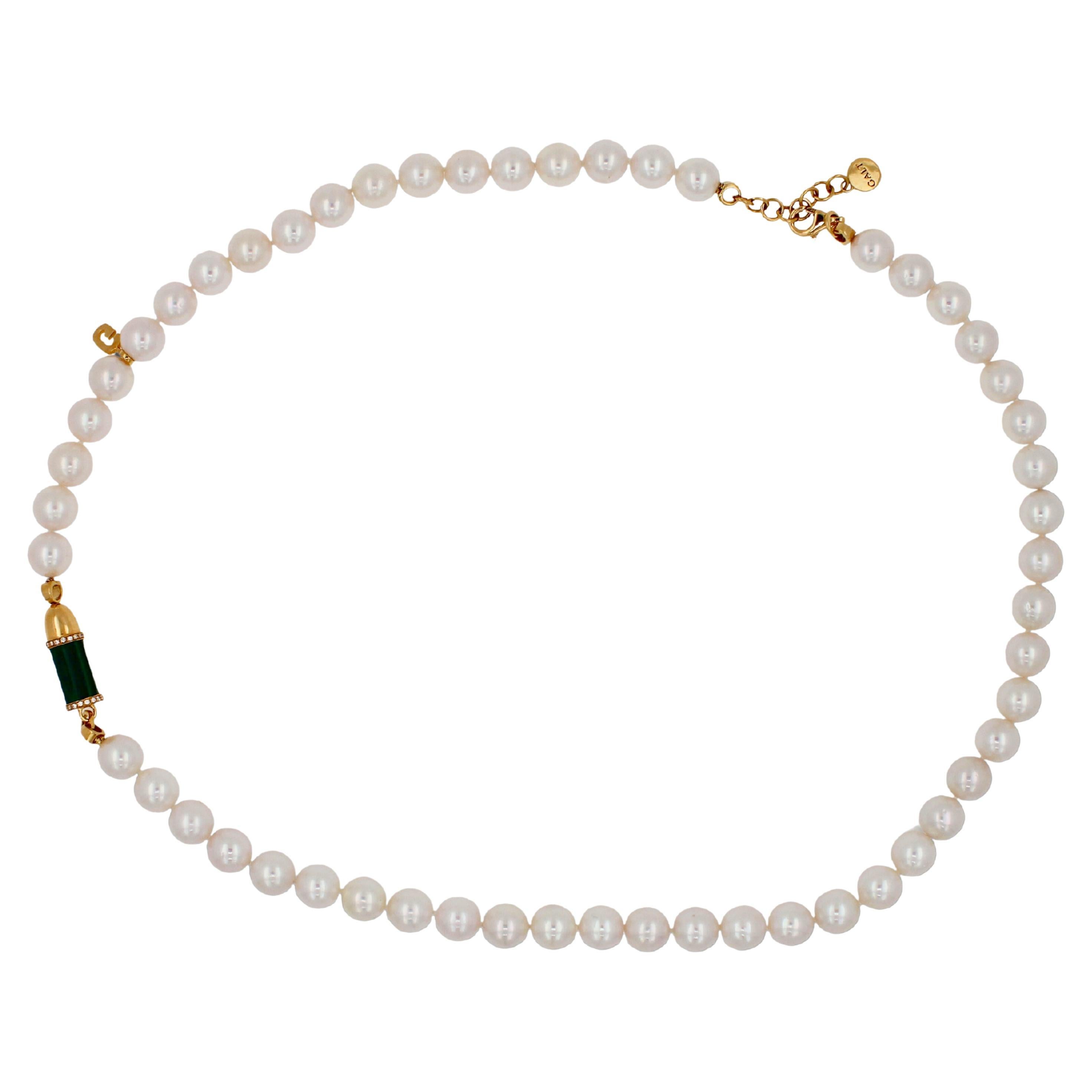 Modern Diamond Green Malachite Pave Rocket Bullet Gold South Sea Pearl Chain Necklace For Sale