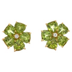 Diamond & Green Quartz 18 Karat Yellow Gold Floral Earclip Earrings