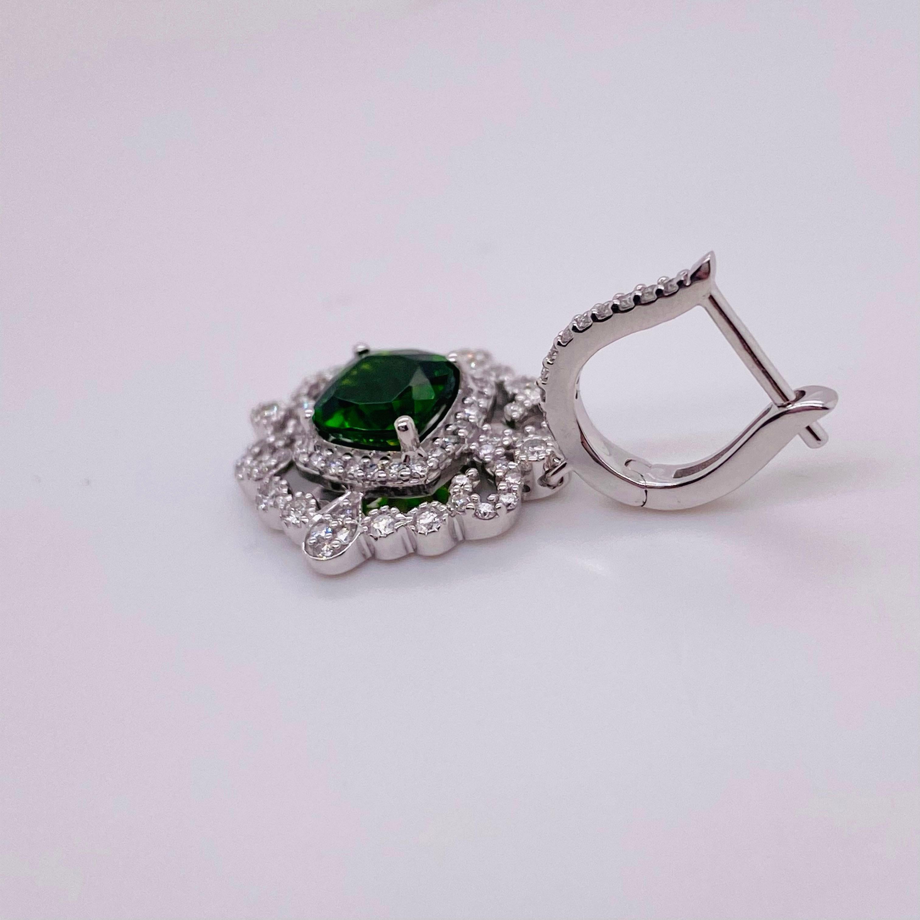 Round Cut Diamond Green Russalite Drop Earrings, Victorian Inspired Pave Diamond Halo