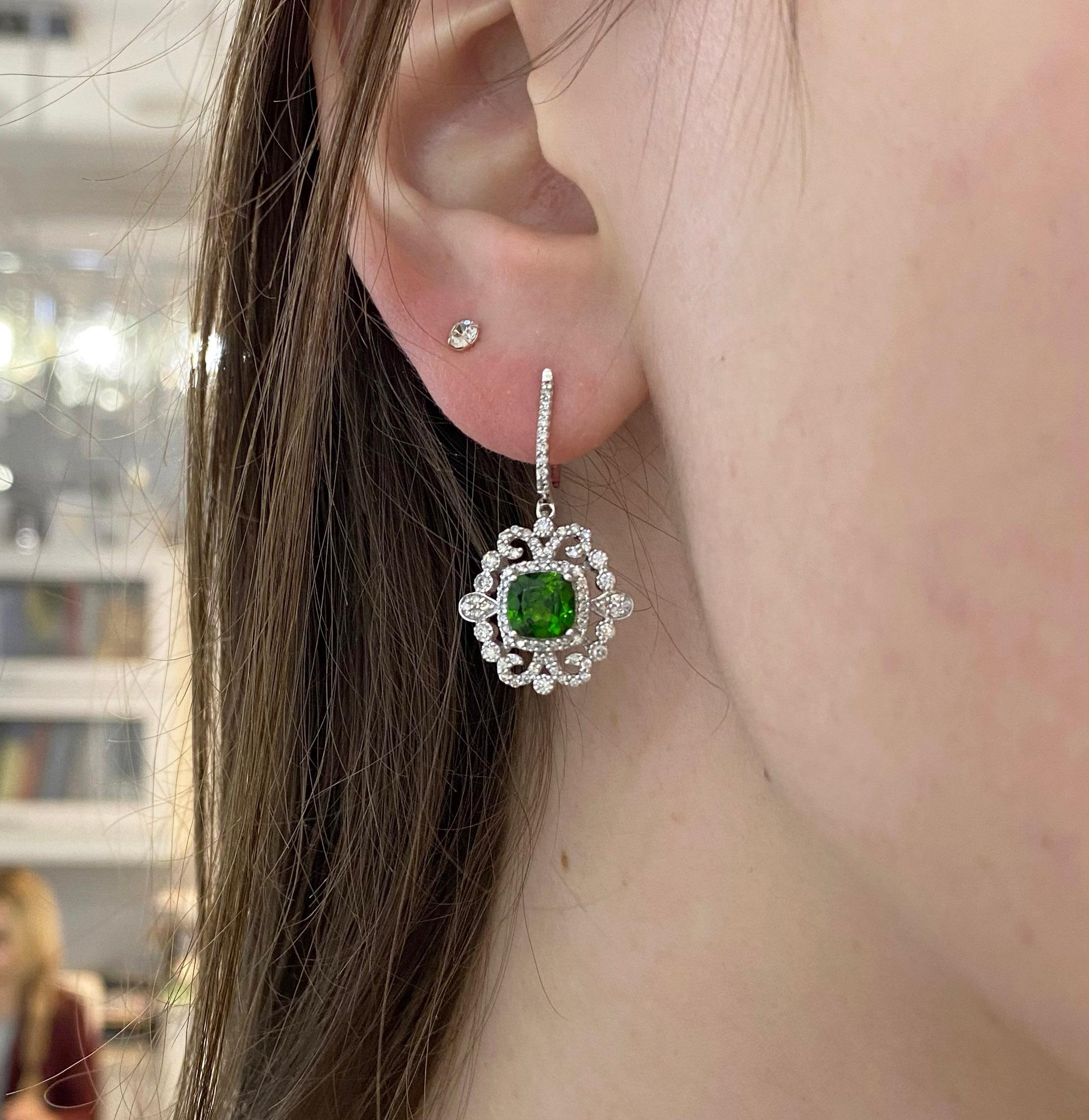 Diamond Green Russalite Drop Earrings, Victorian Inspired Pave Diamond Halo In New Condition In Austin, TX