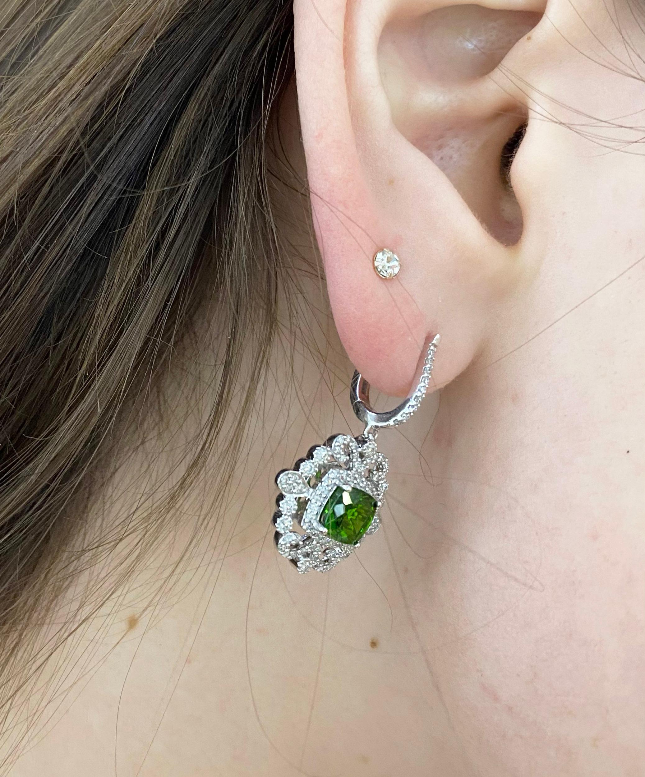 Women's Diamond Green Russalite Drop Earrings, Victorian Inspired Pave Diamond Halo