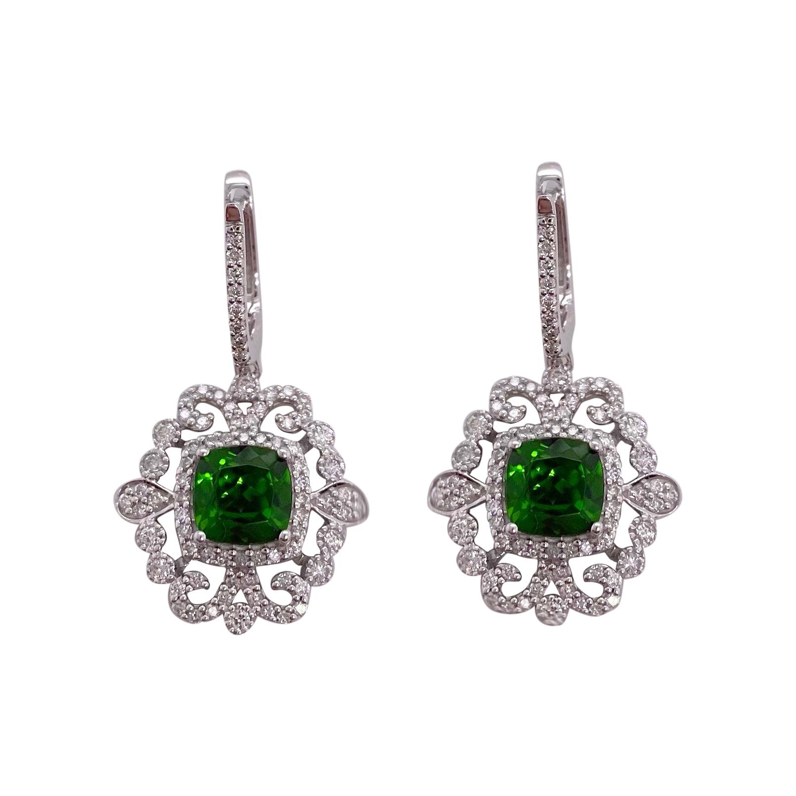 Diamond Green Russalite Drop Earrings, Victorian Inspired Pave Diamond Halo