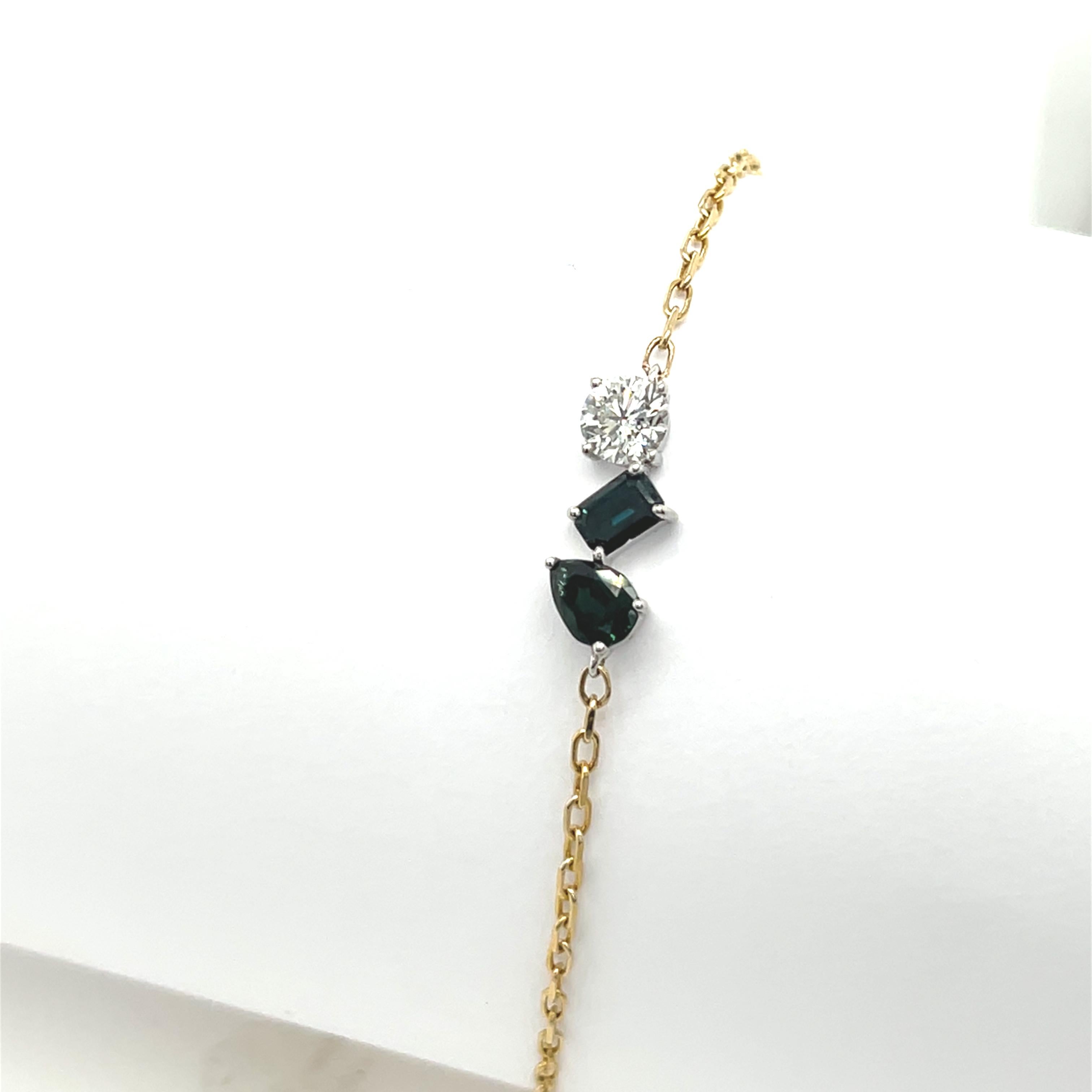 Princess Cut Diamond & Green Sapphire Bracelet Set in 9ct Yellow & White Gold For Sale