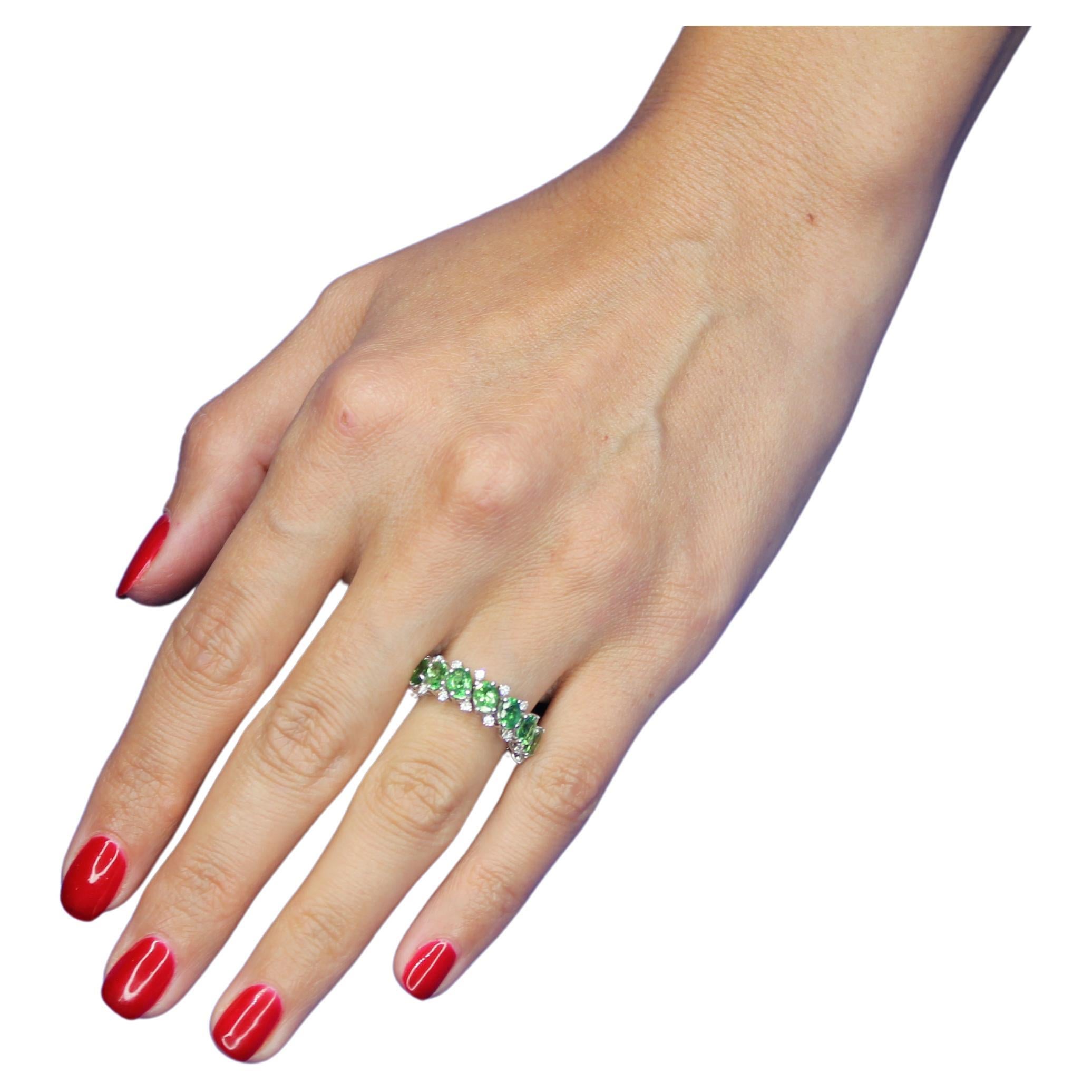 Green Garnet Tsavorite Eternity Diamond Band 18 Karat White Gold Unique Ring For Sale 3