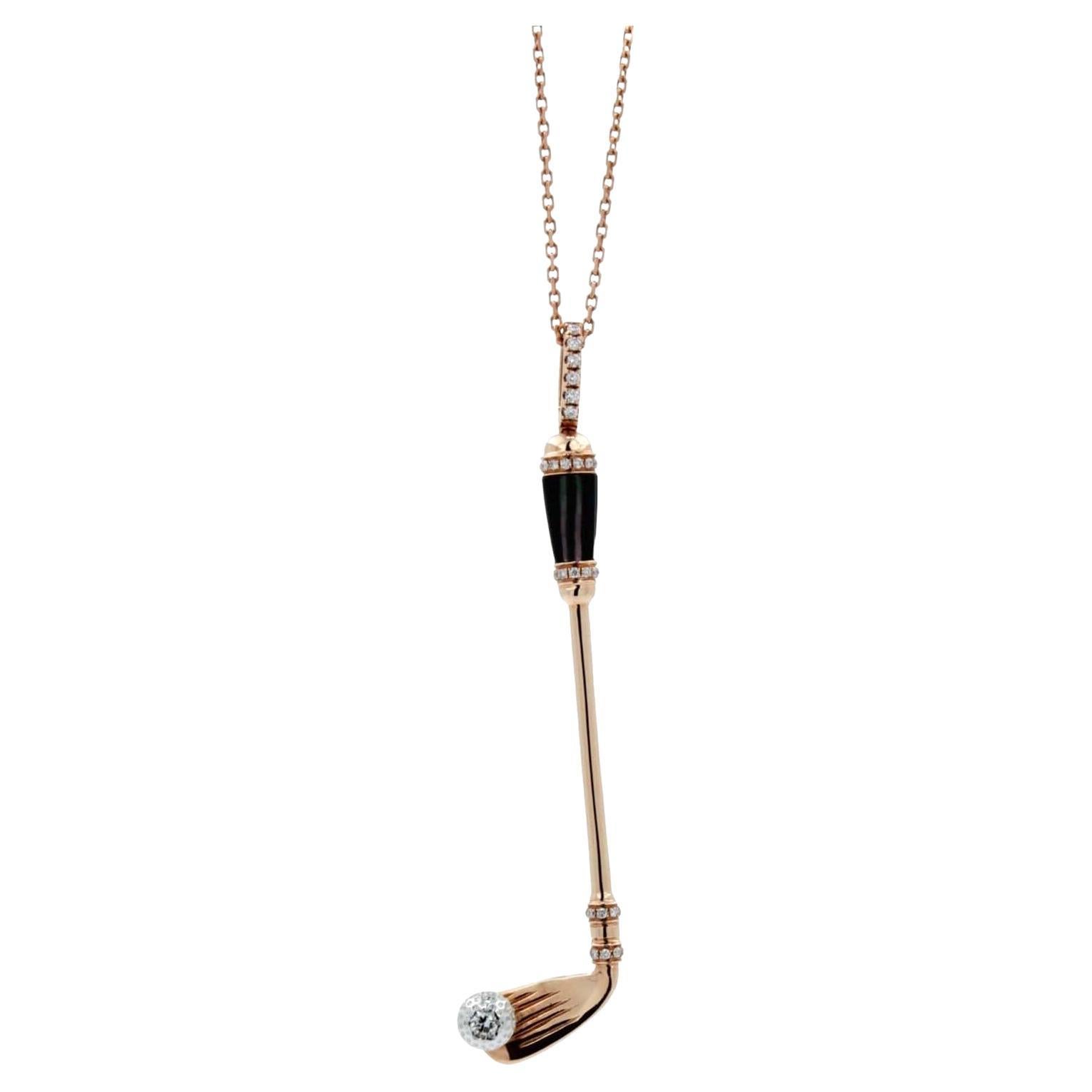 Cabochon Diamante grigio perla nera Golf Club Birdie Charm Ciondolo per collana in oro 18 carati in vendita