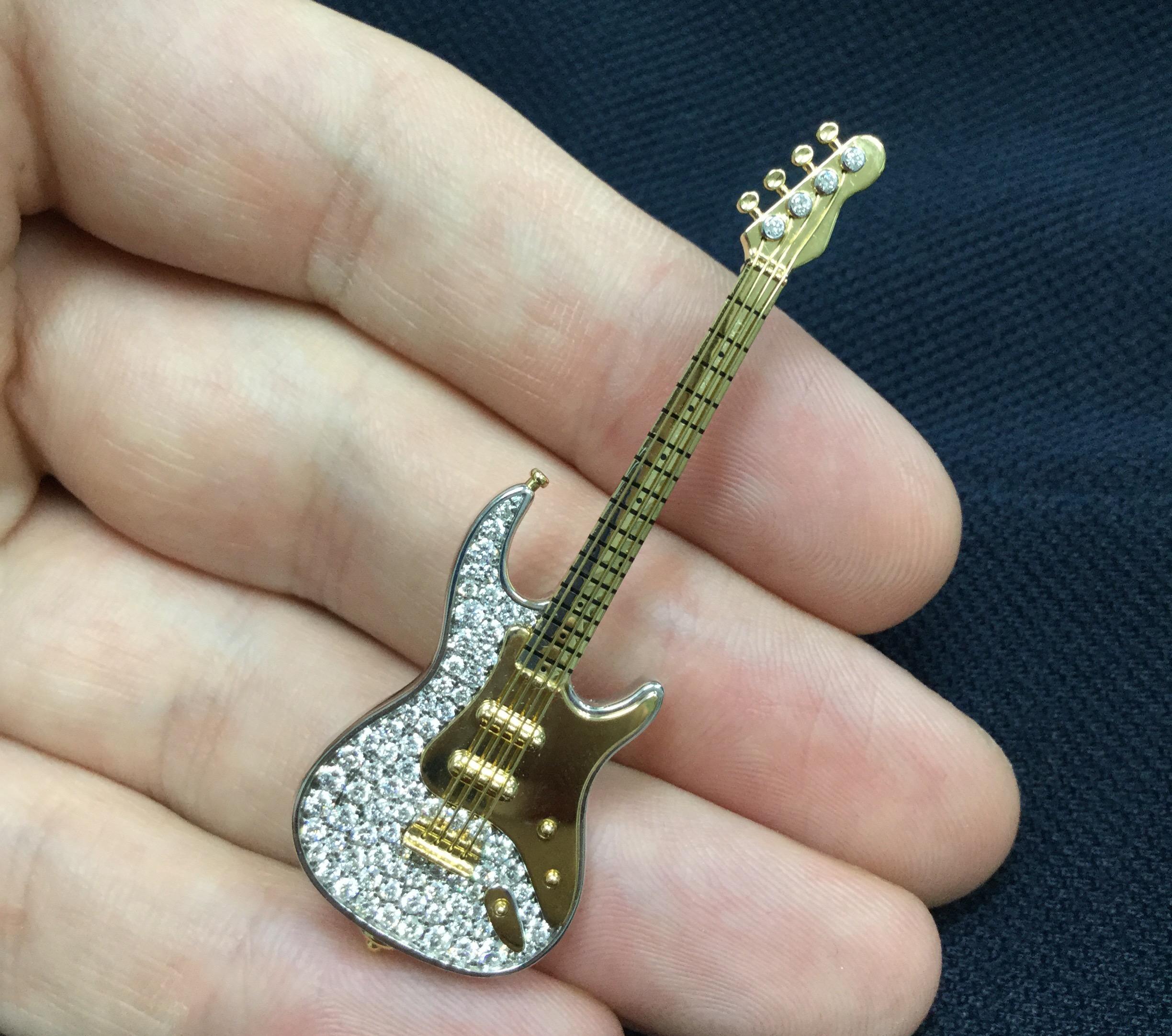 Contemporary Diamond Guitar 18 Karat Yellow and White Gold Brooch For Sale