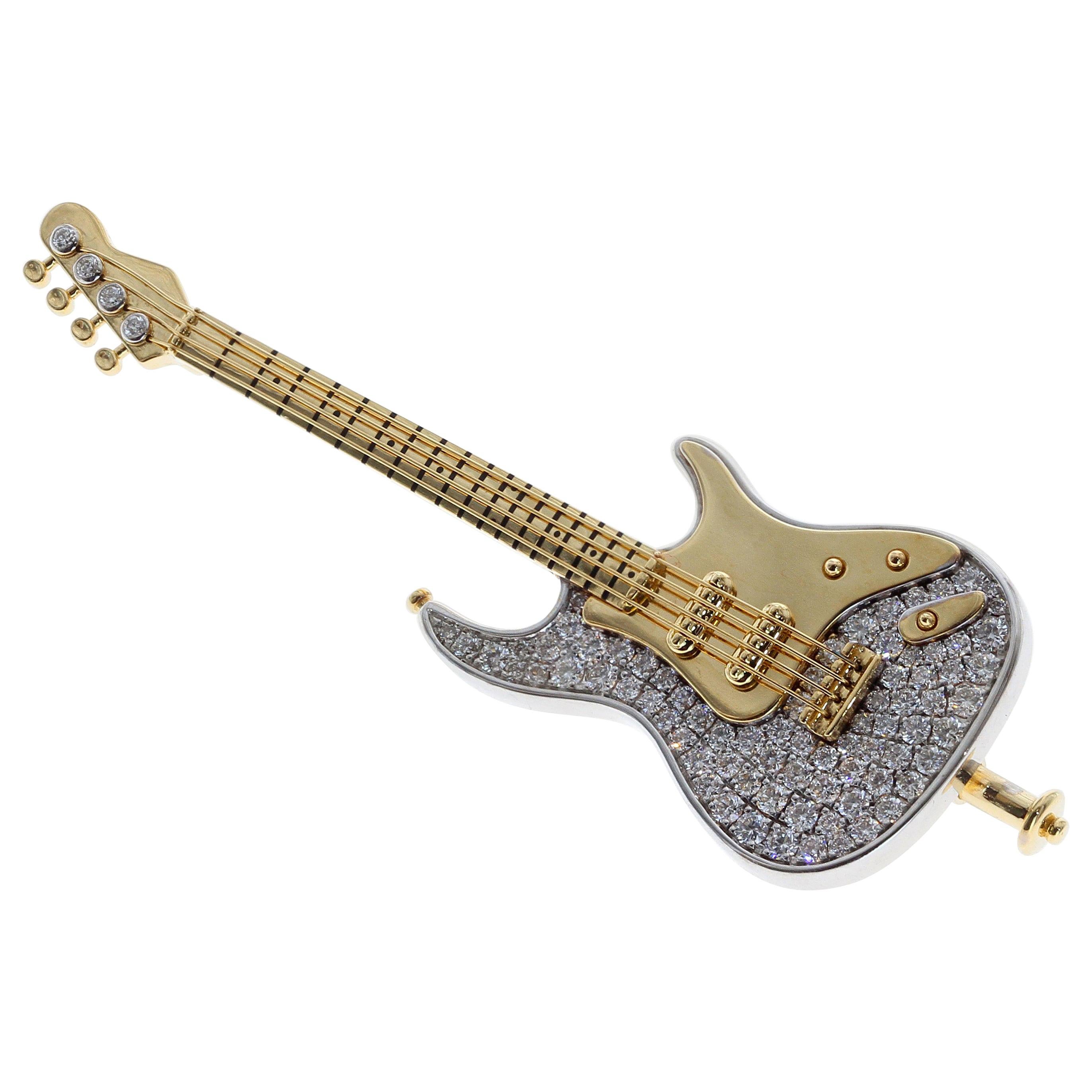 Diamond Guitar 18 Karat Yellow and White Gold Brooch For Sale