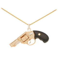 Diamond Gun Revolver Black Onyx Gem 18 Karat Rose Gold Necklace Pendant Charm