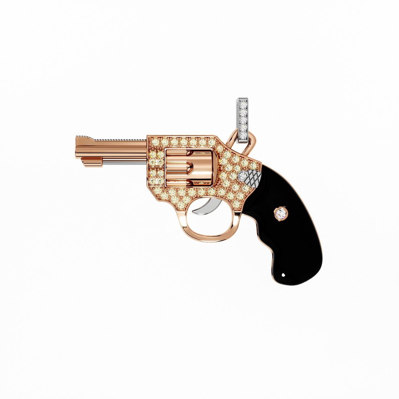 Taille mixte Collier pendentif Gun Revolver en or rose 18 carats avec diamants et onyx noir  en vente