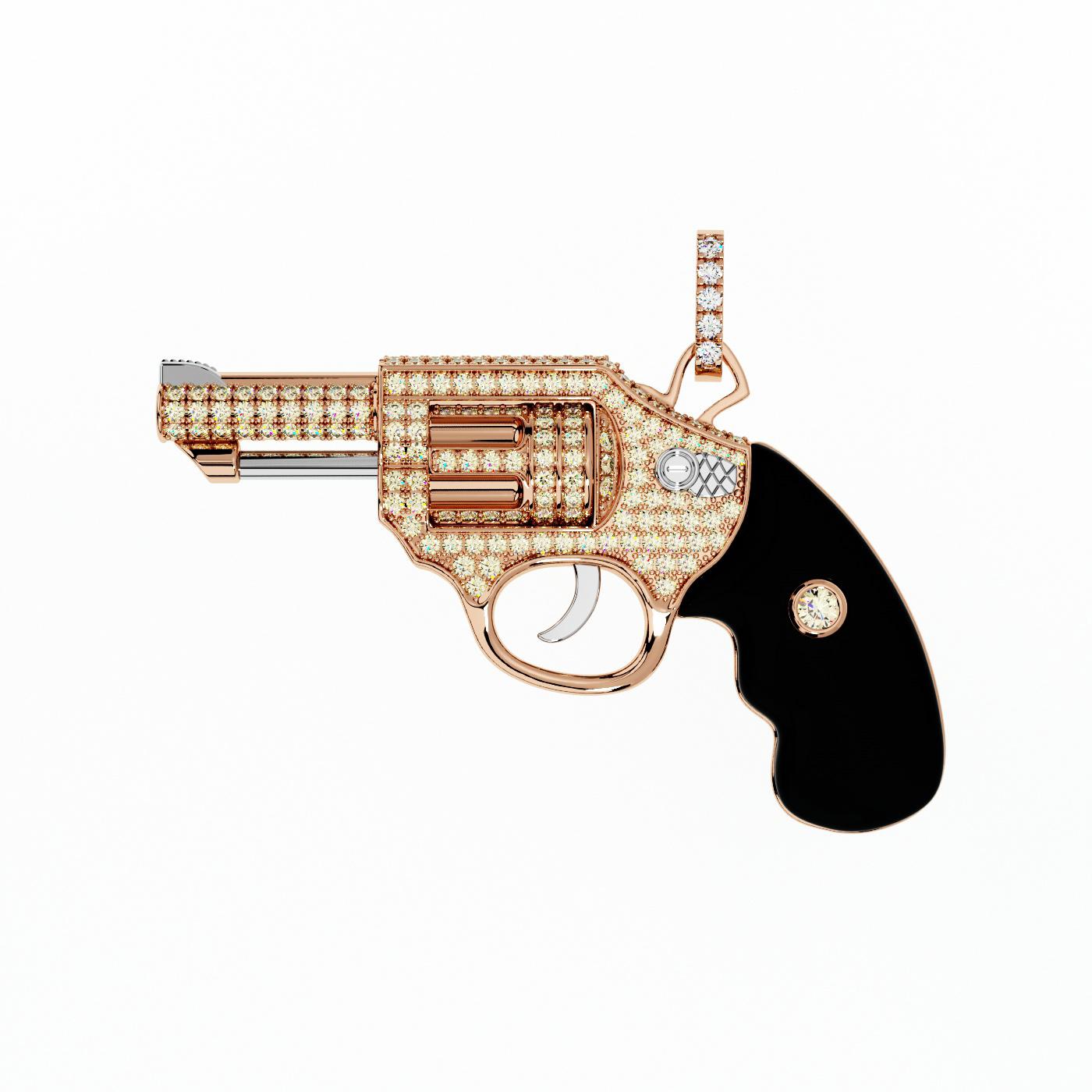 Moderne Collier pendentif Gun Revolver en or rose 18 carats avec diamants et onyx noir en vente