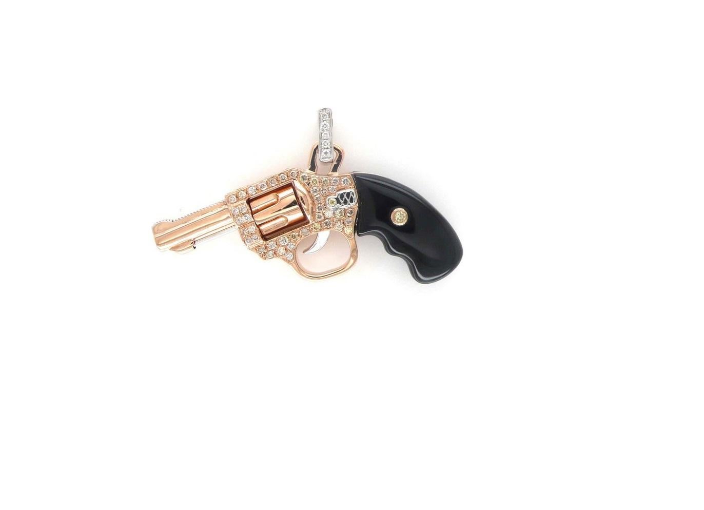 Diamond Gun Revolver Black Onyx Gem 18 Karat Rose Gold Necklace Pendant Charm 
18 Karat Gold
Genuine Black Onyx Stone & Natural Diamonds 0.50 CTW
Approximate Mini Peacemaker Length: 1.3” inches / 3.3 centimeters
Approximate Chain Length: Adjustable