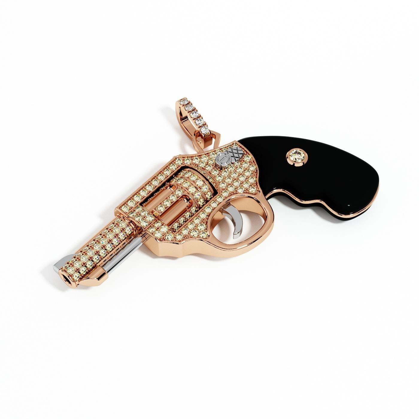 Collier pendentif Gun Revolver en or rose 18 carats avec diamants et onyx noir Unisexe en vente