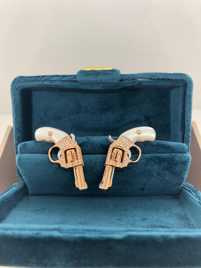 Diamond Gun Revolver White Pearl Gem 18 Karat Rose Gold Necklace Pendant Charm For Sale 2