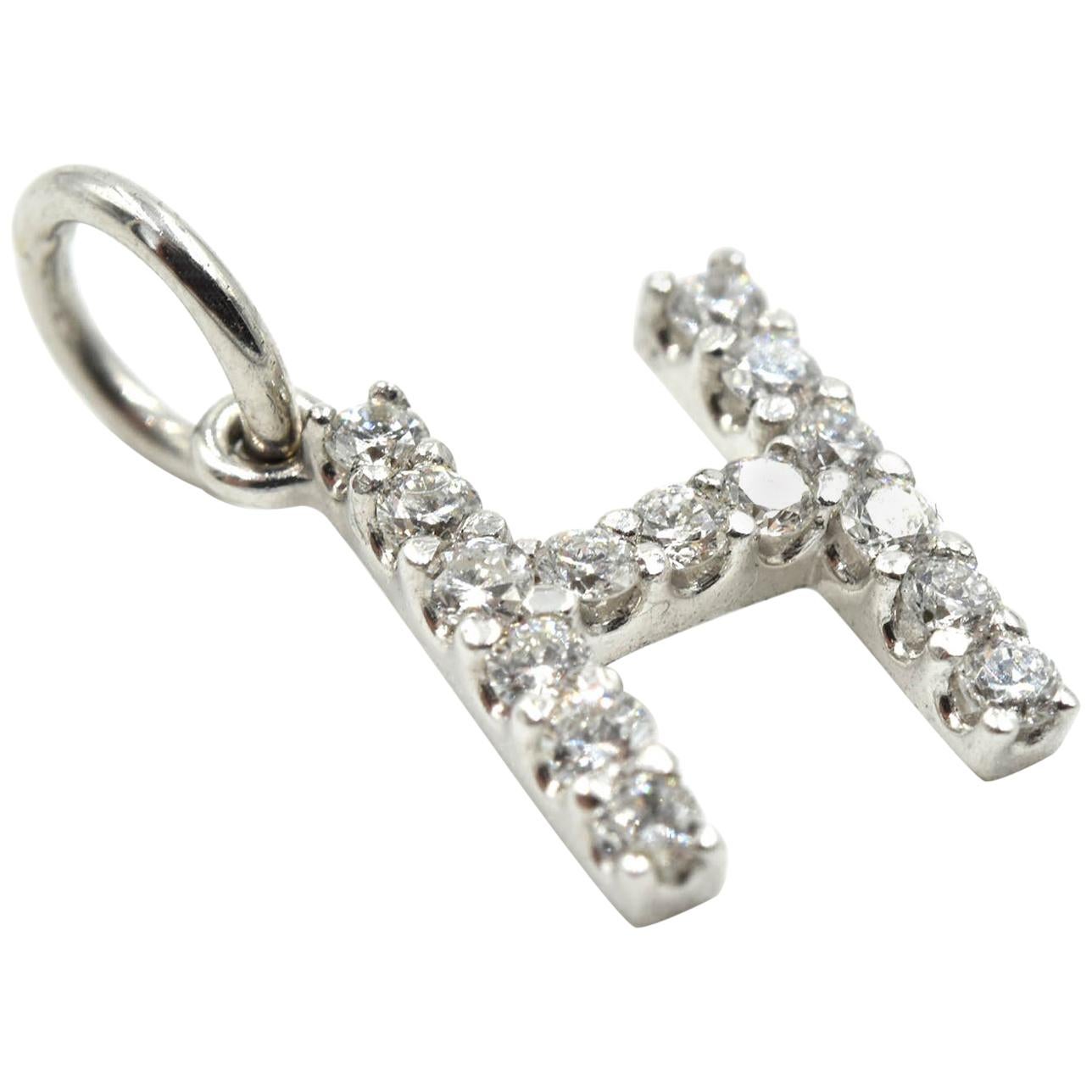 Diamond “H” Sliding Pendant 14 Karat White Gold For Sale