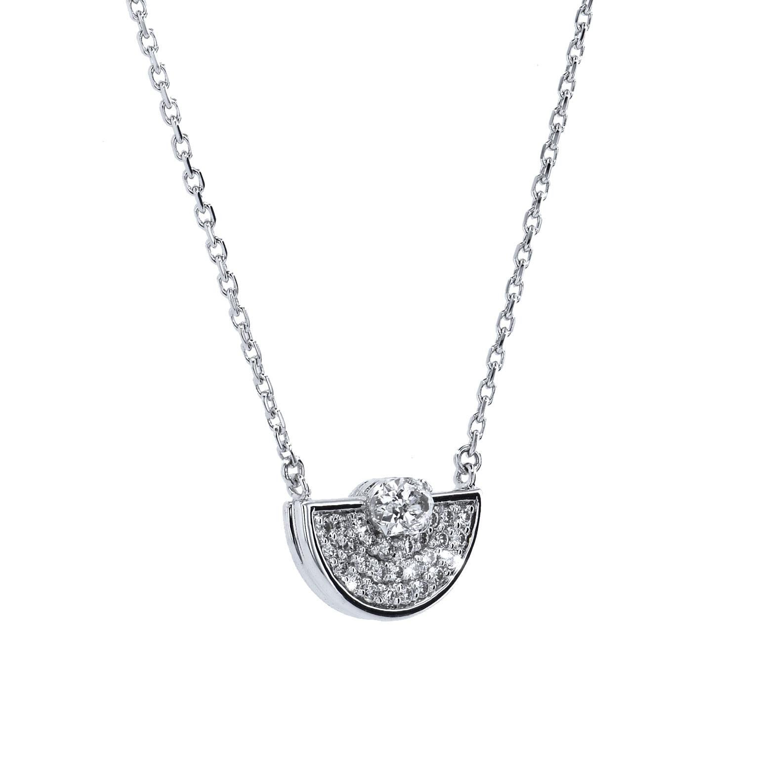 Diamond Half Circle 18 Karat White Gold Pendant Necklace

Prong and pave-set diamonds come together in in a half circle orientation  Fashioned in 18 karat white gold, the pendant features 0.27 carat of pave-set diamonds with a 0.25 carat round