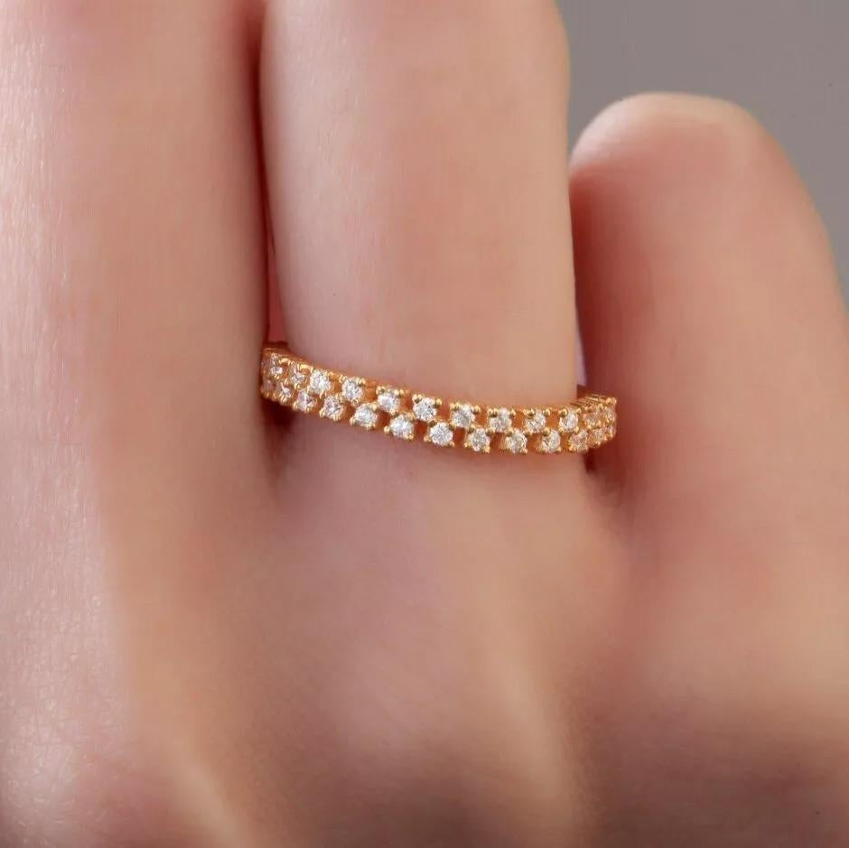 Round Cut Diamond Half Eternity Engagement Ring in 14K Solid Yellow Gold For Sale