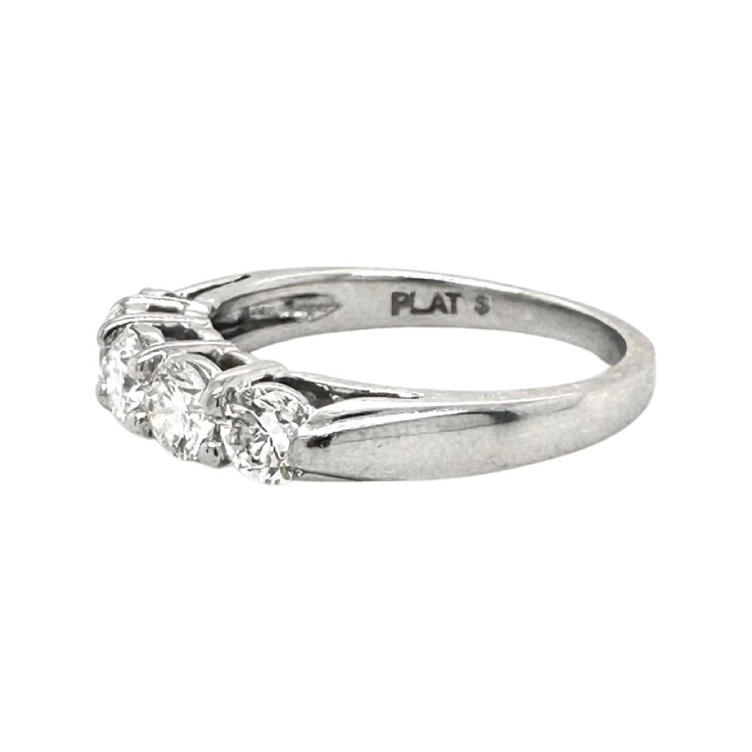 Style: Diamond Half-Eternity Wedding Band

Metal: Platinum

Metal Purity: 950

Stones: Diamonds 

Number of Stones: 5

Carat Weight: 0.8 ct 

Diamond Color: G - H 

Diamond Clarity: VS1

Ring Size: 5.75 (sizable)

Total Weight: 5.2