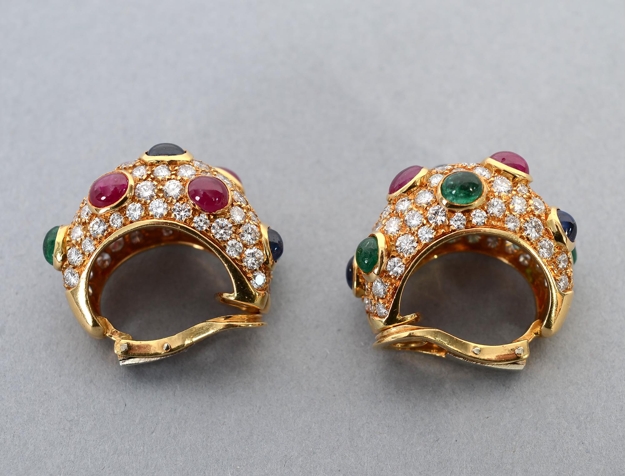 Modern Diamond Half Hoop Earrings with Rubies, Sapphires and Emeralds For Sale