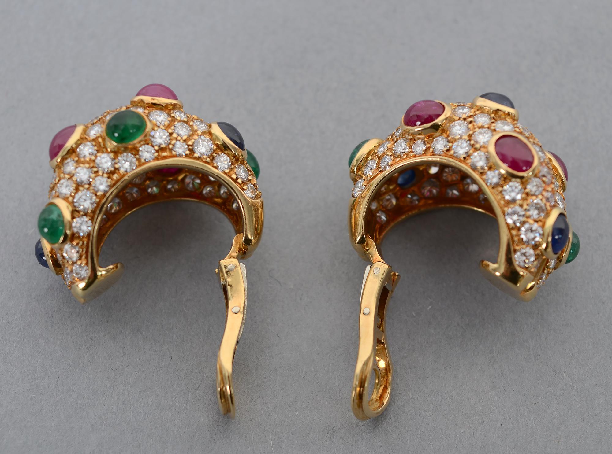 Diamond Half Hoop Earrings with Rubies, Sapphires and Emeralds In Excellent Condition For Sale In Darnestown, MD