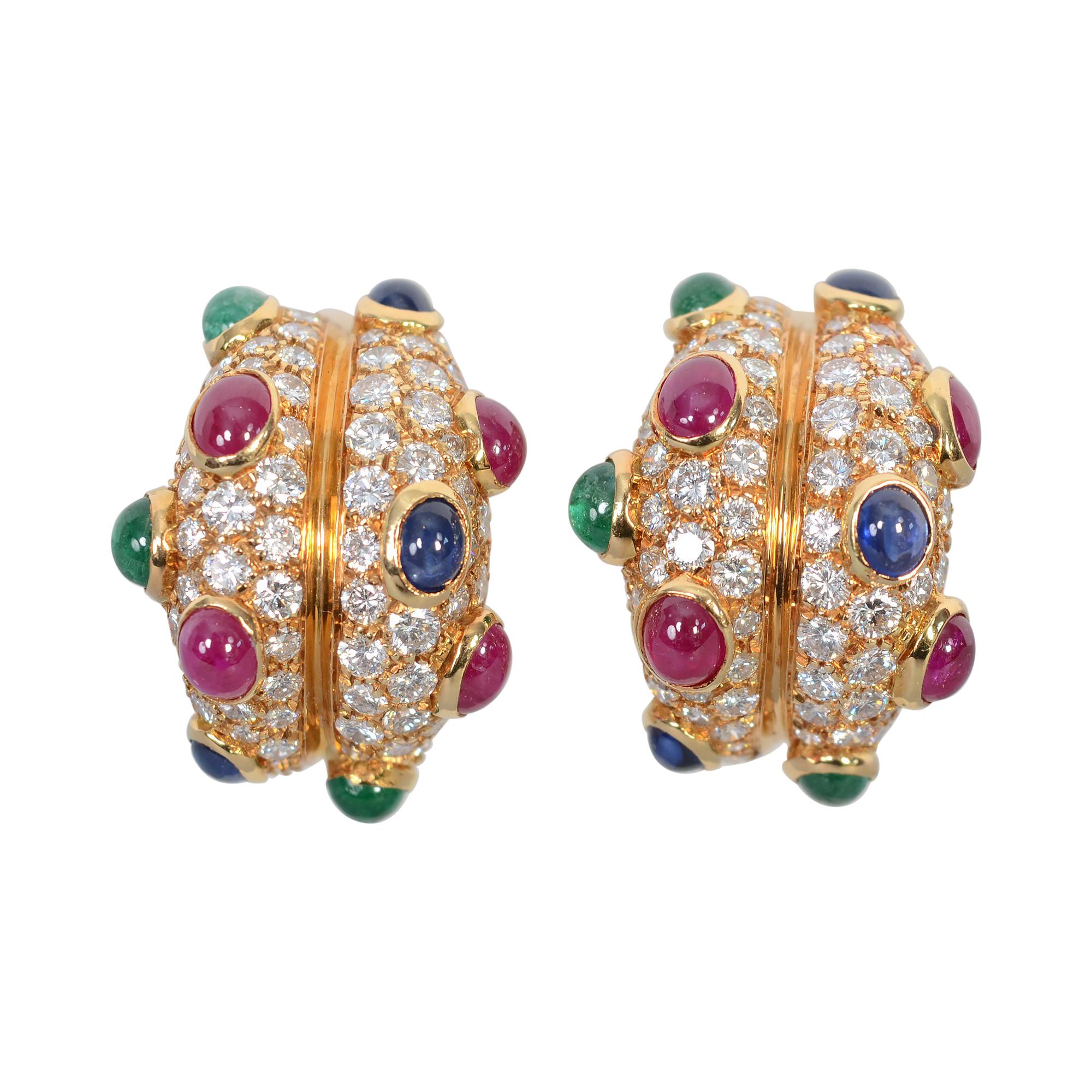 Diamond Half Hoop Earrings with Rubies, Sapphires and Emeralds For Sale