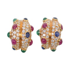 Diamond Half Hoop Earrings with Rubies, Sapphires and Emeralds