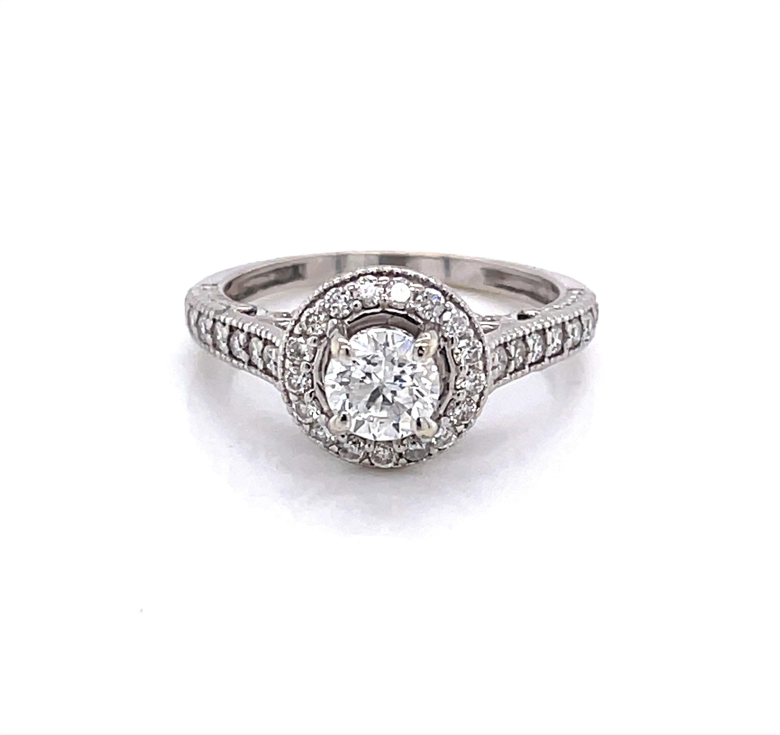 Diamond Halo 14 Karat White Gold Engagement Ring For Sale 7