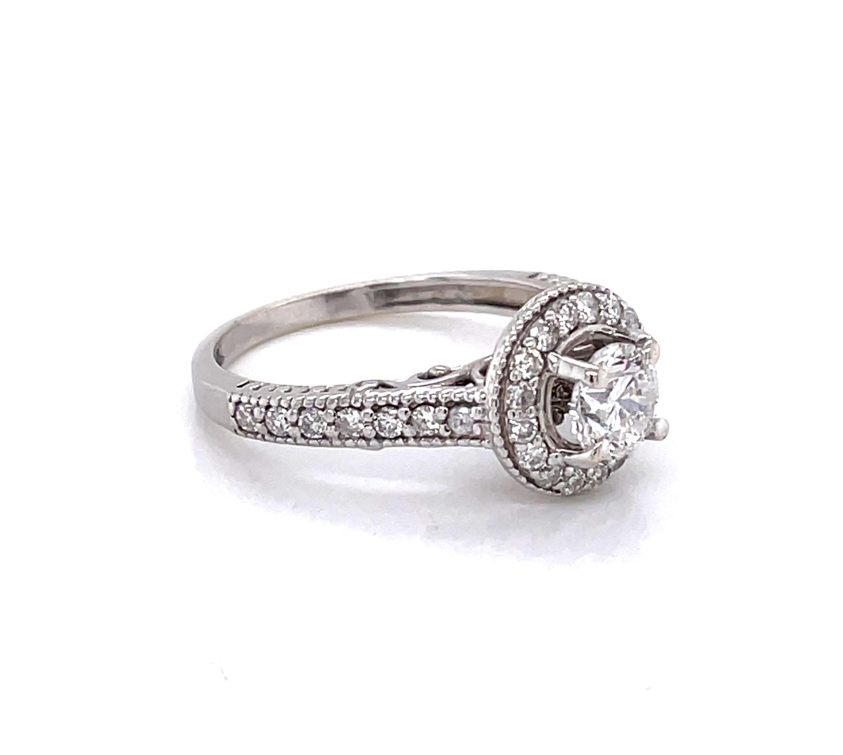 Diamond Halo 14 Karat White Gold Engagement Ring In Excellent Condition For Sale In Mount Kisco, NY