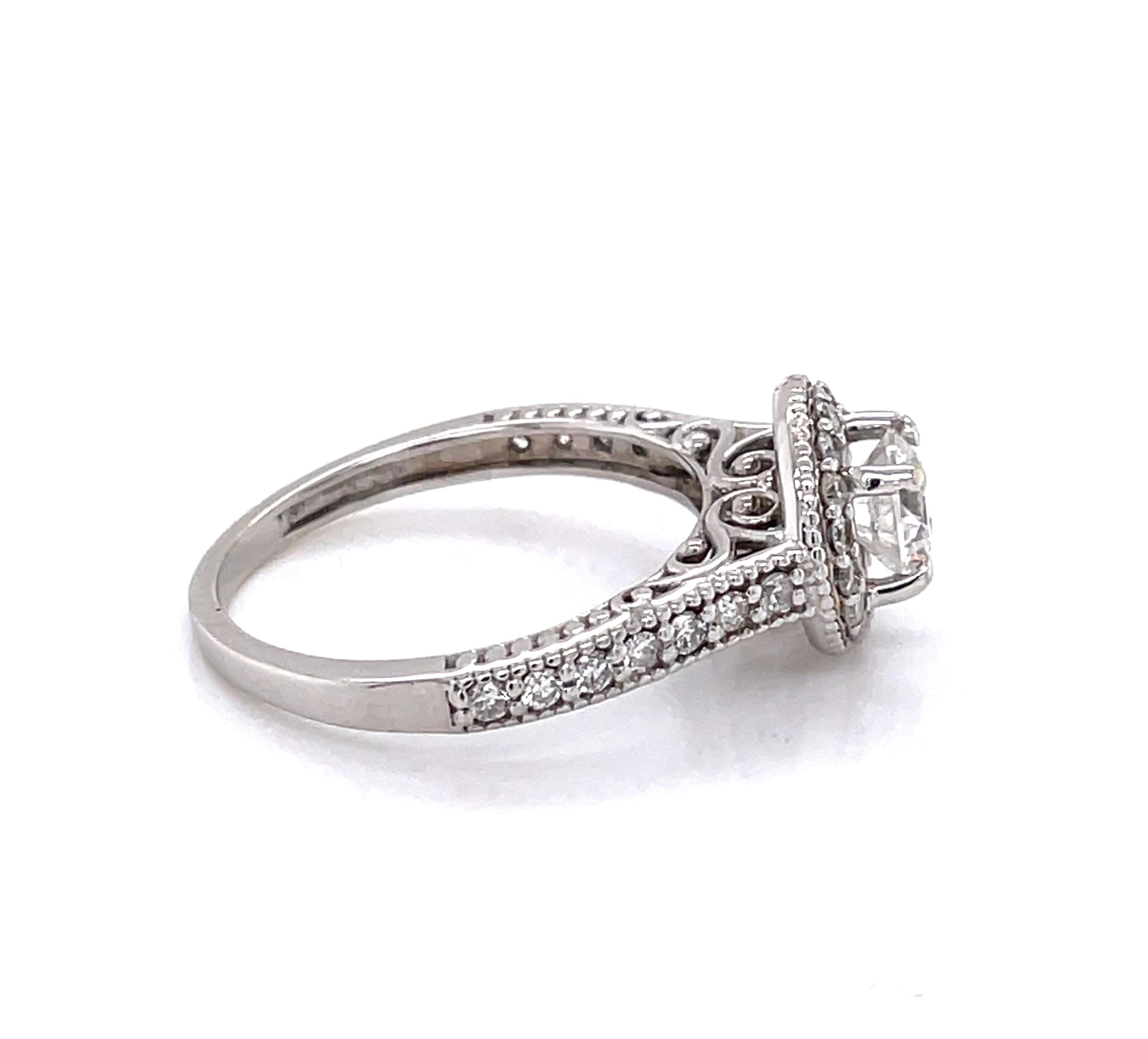 Women's Diamond Halo 14 Karat White Gold Engagement Ring For Sale