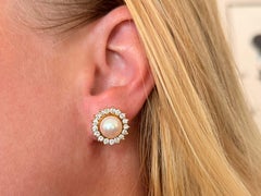 Diamond Halo Akoya Pearl Earrings 14K Yellow Gold