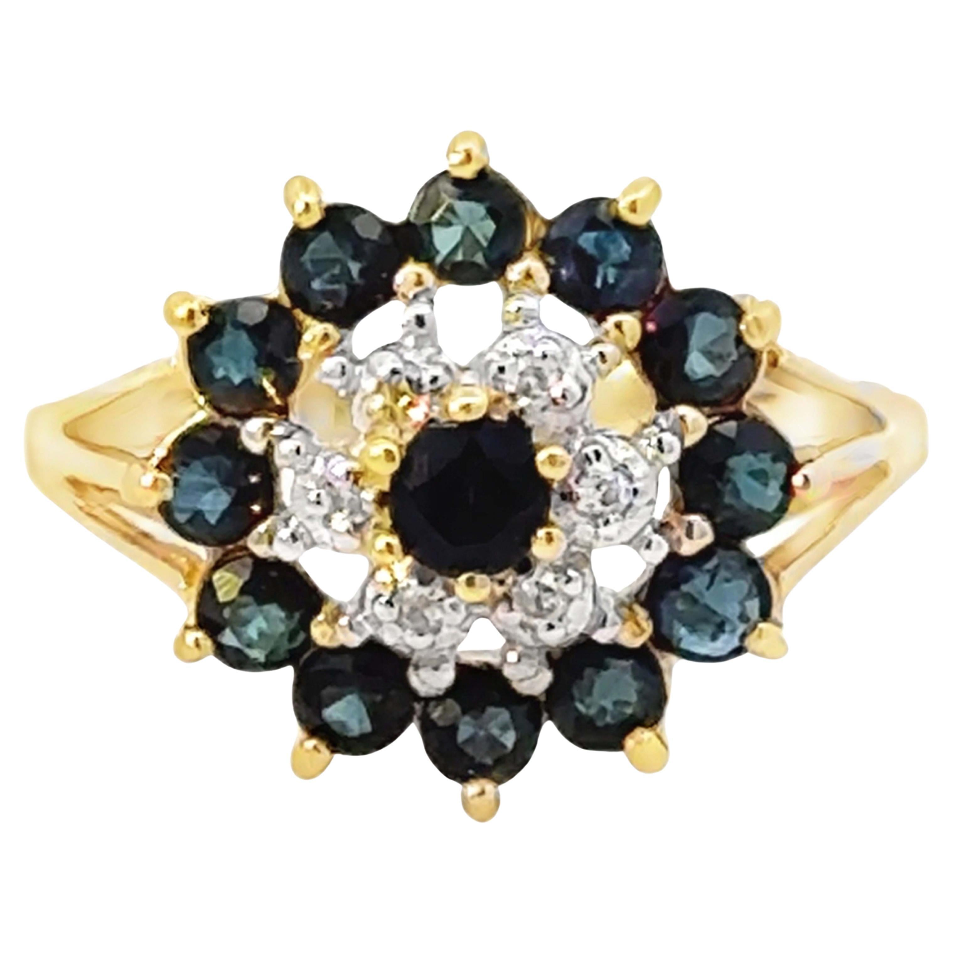 Diamond Halo and Round Sapphire Halo Ring 14k Yellow Gold