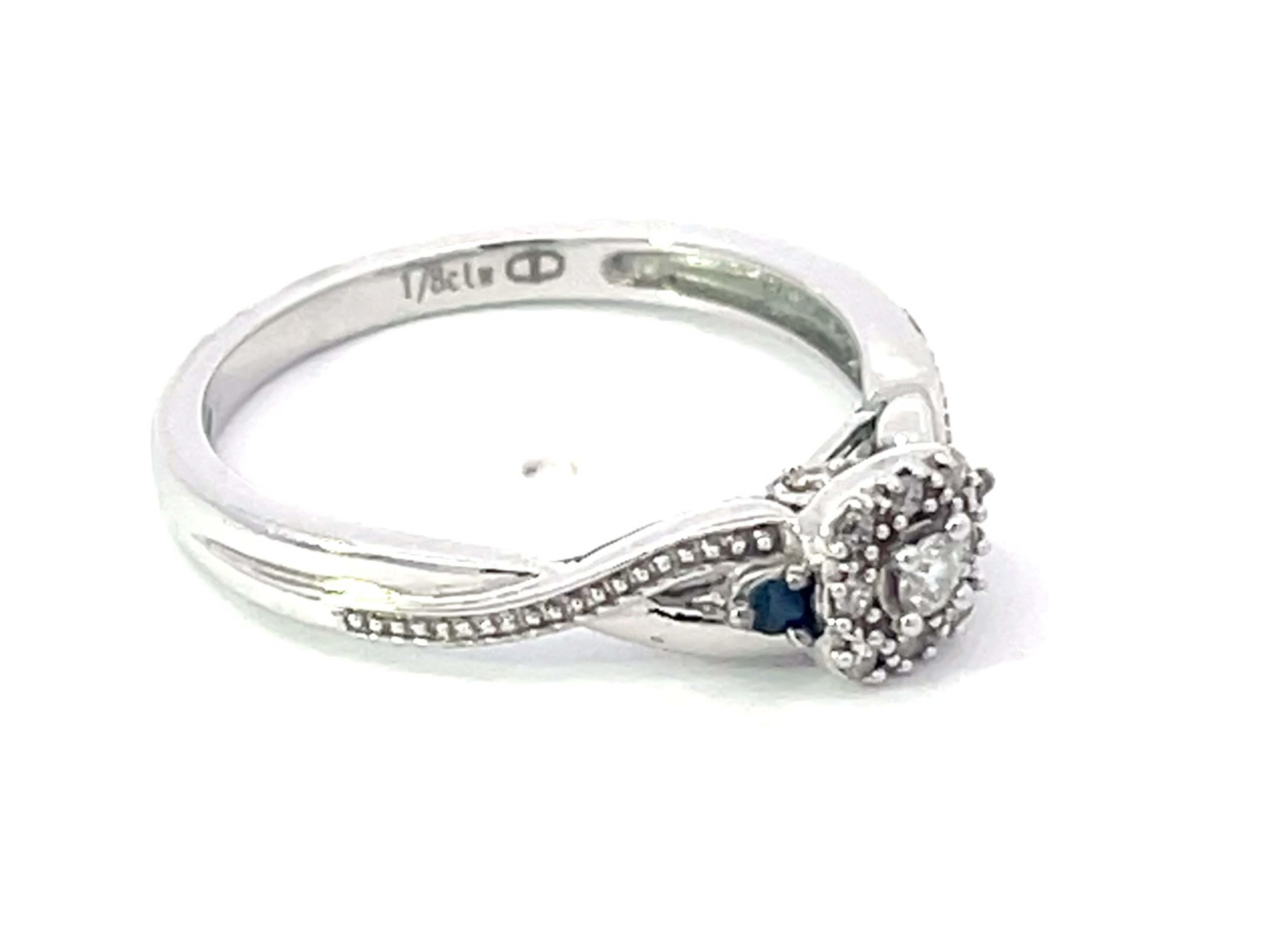 Modern Diamond Halo and Sapphire Ring in 10k White Gold For Sale