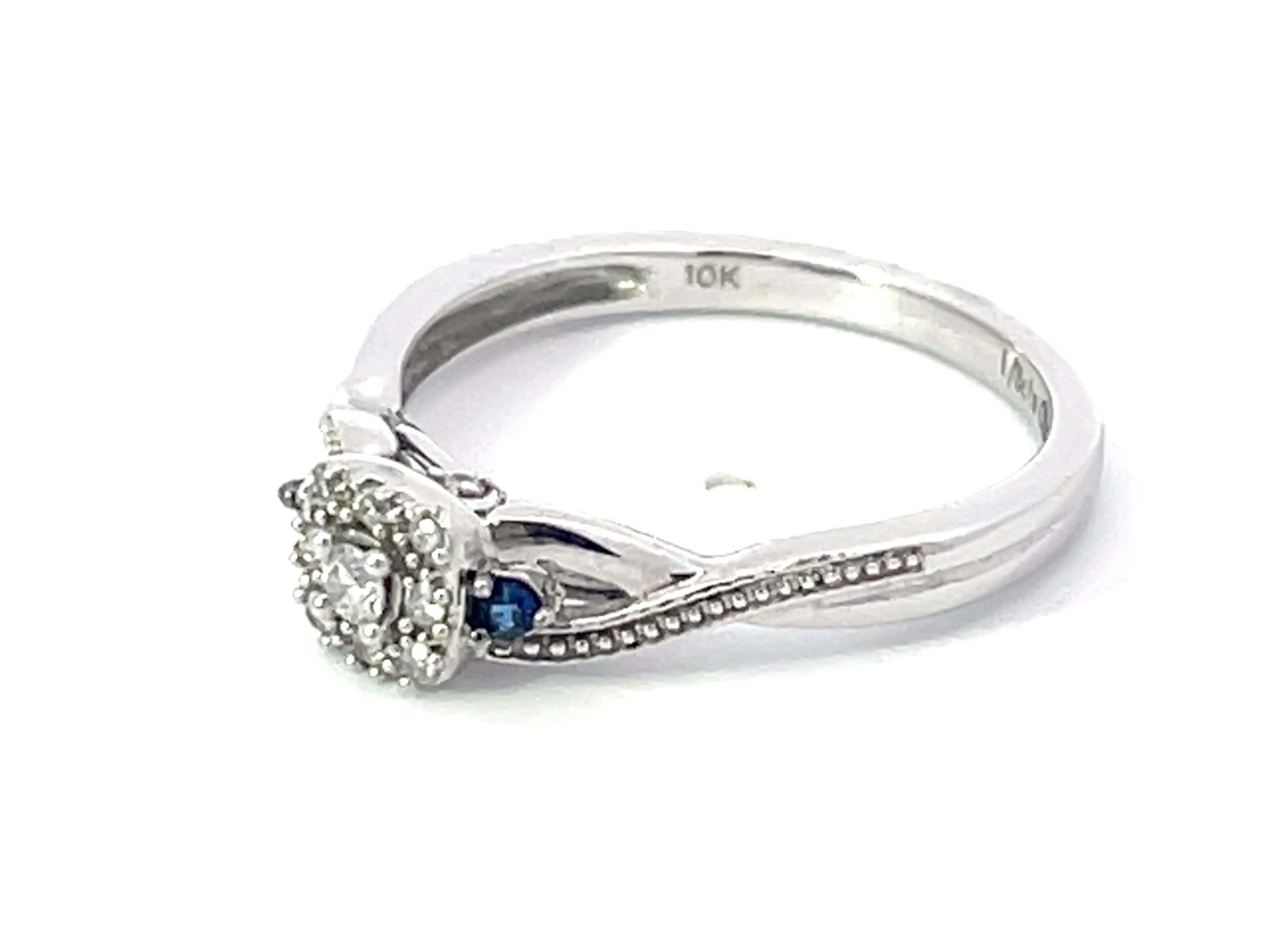 Brilliant Cut Diamond Halo and Sapphire Ring in 10k White Gold For Sale