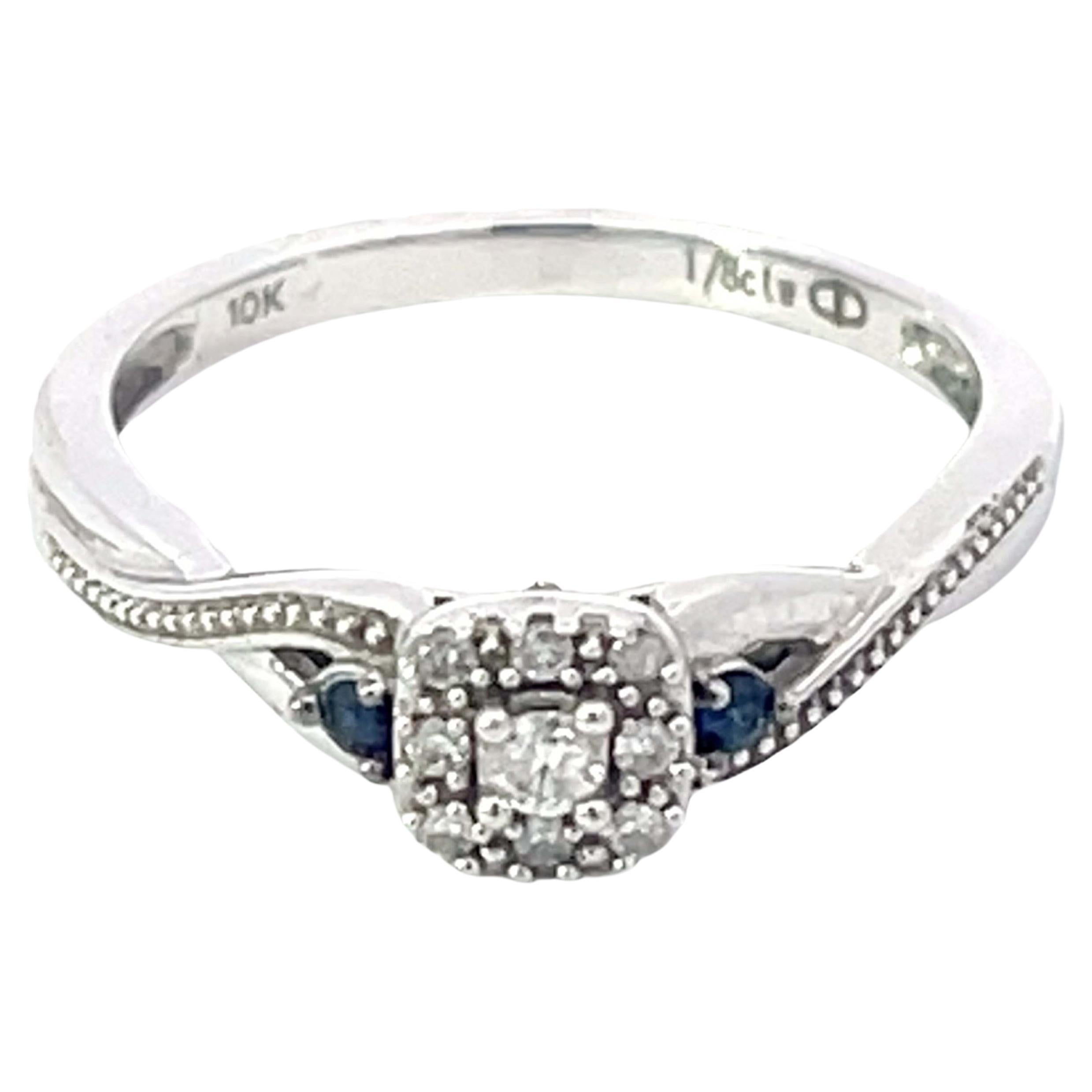 Diamond Halo and Sapphire Ring in 10k White Gold For Sale