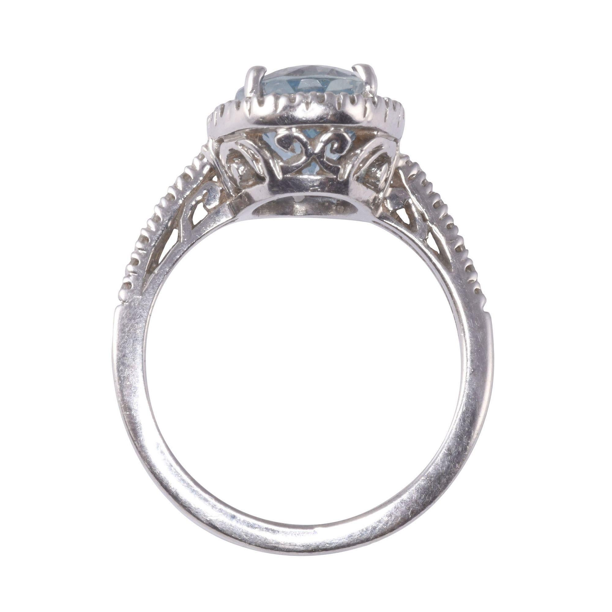 Diamond Halo Aquamarine Ring In Good Condition For Sale In Solvang, CA