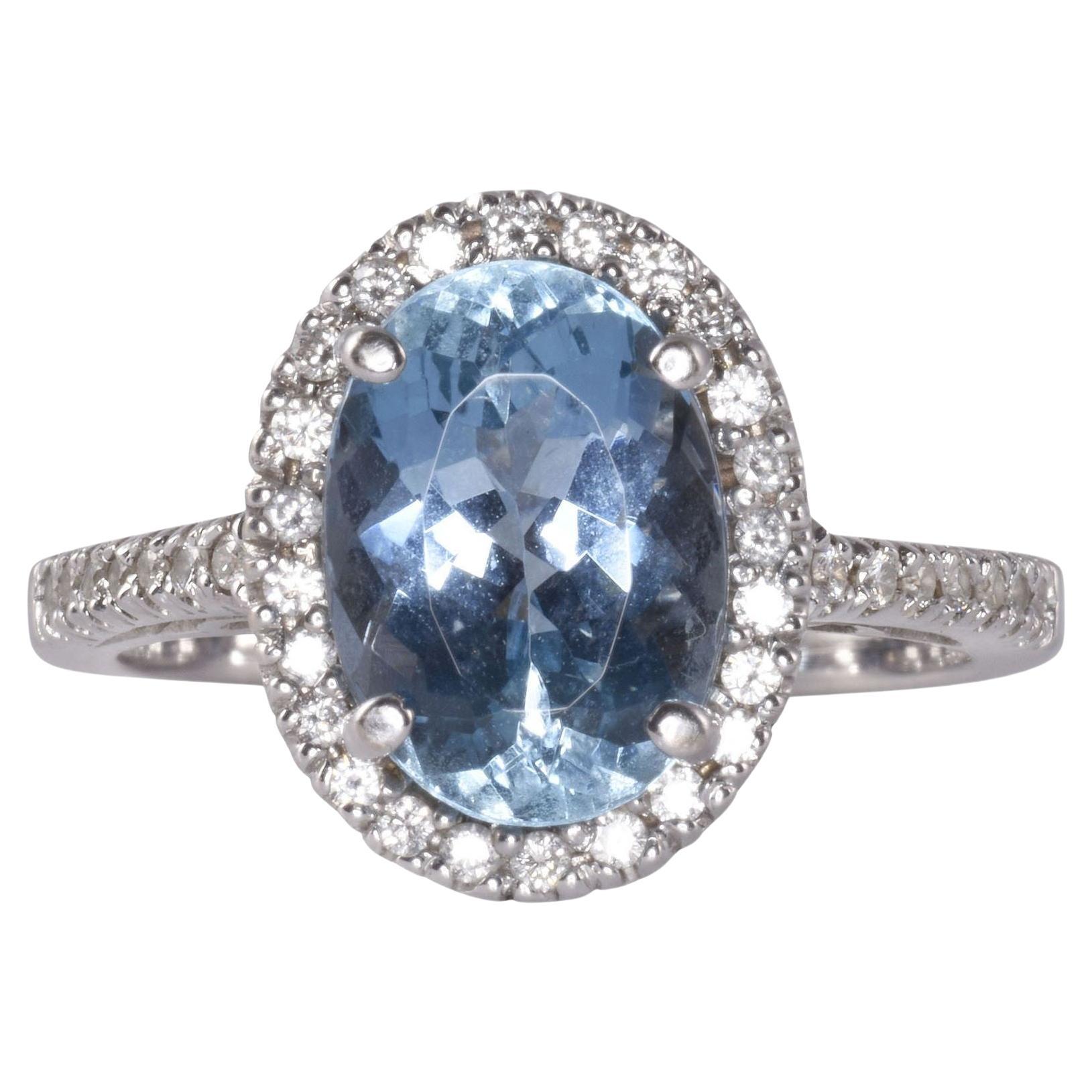 Diamond Halo Aquamarine Ring For Sale