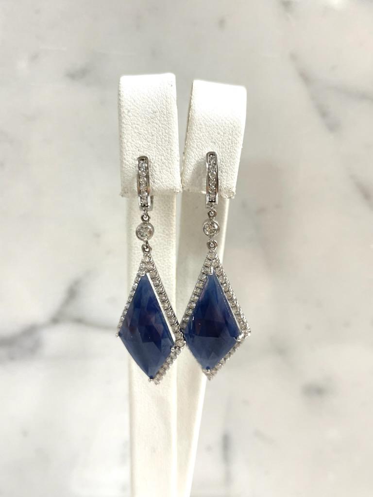 Kite Cut Diamond Halo Blue Sapphire Dangle Earrings For Sale