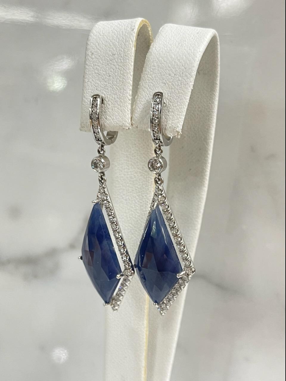 Women's Diamond Halo Blue Sapphire Dangle Earrings For Sale