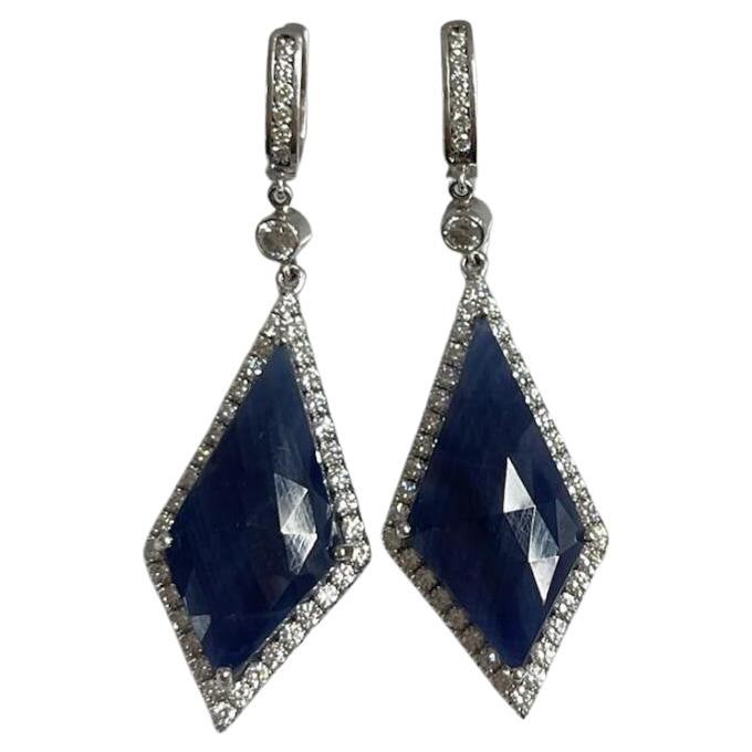 Diamond Halo Blue Sapphire Dangle Earrings For Sale