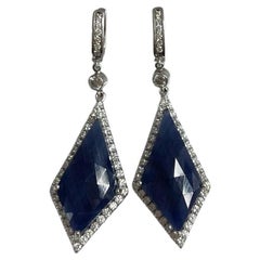 Diamond Halo Blue Sapphire Dangle Earrings