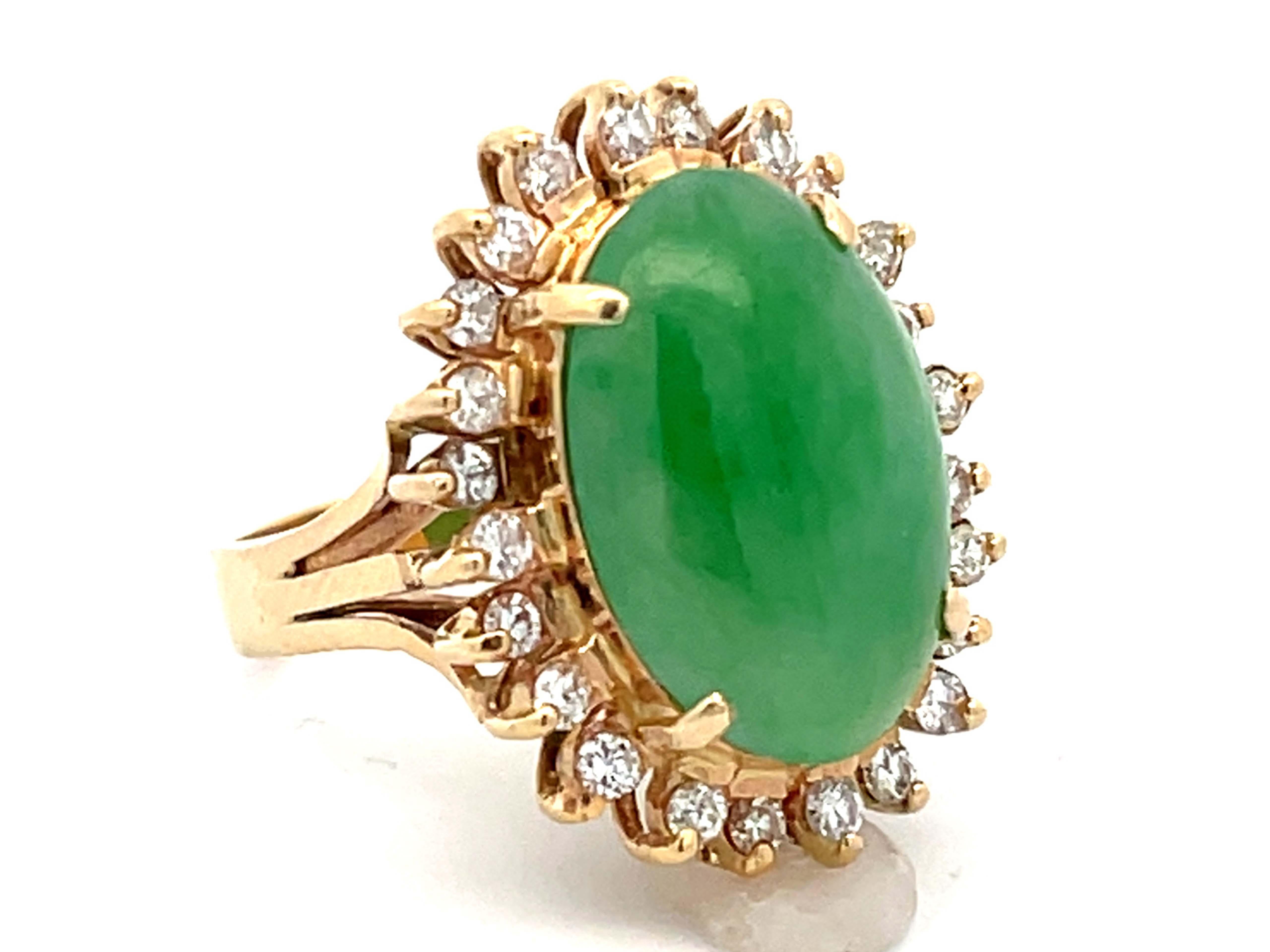 Modern Diamond Halo Cabochon Jade Ring in 14k Yellow Gold For Sale
