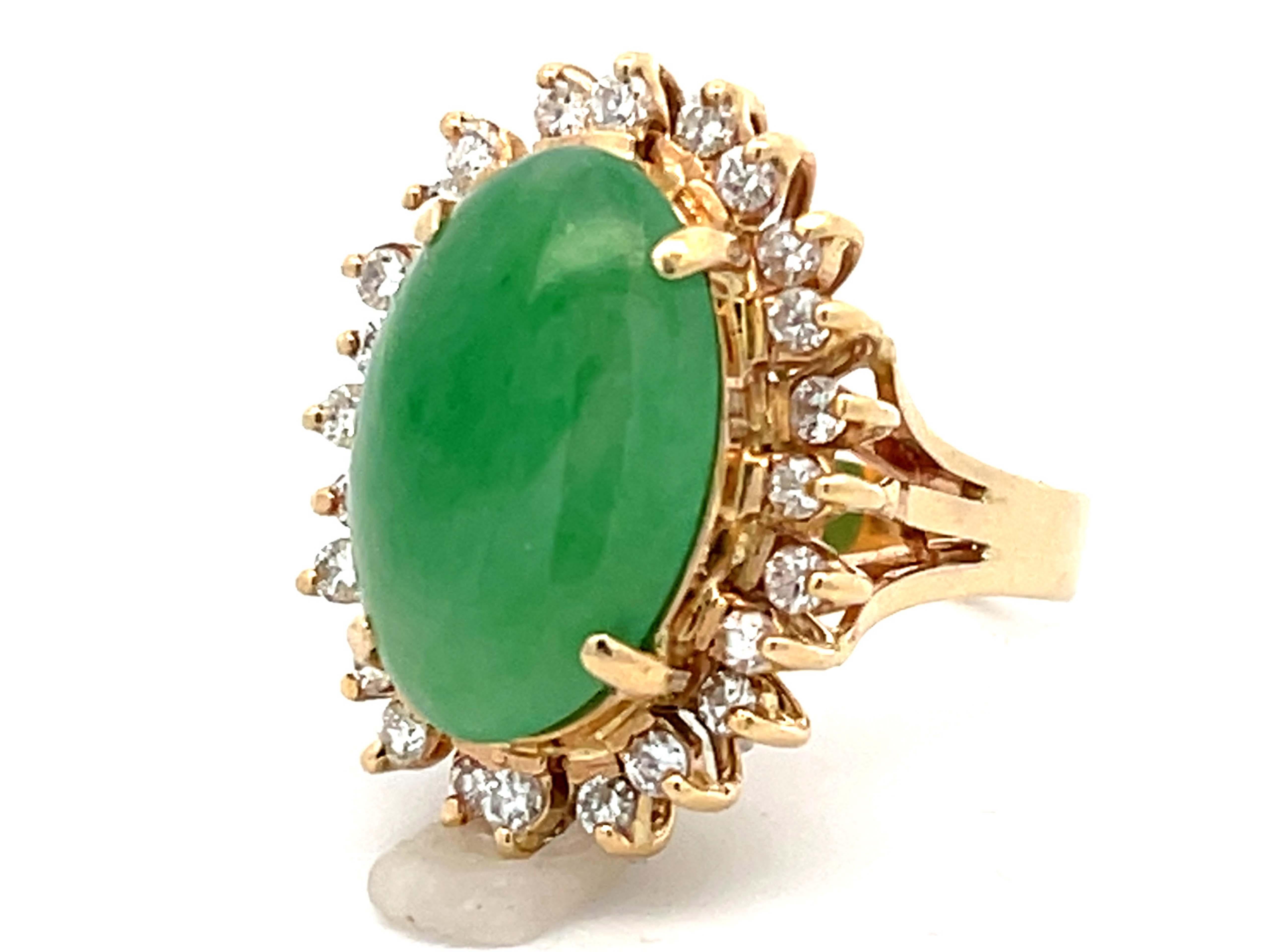 Oval Cut Diamond Halo Cabochon Jade Ring in 14k Yellow Gold For Sale
